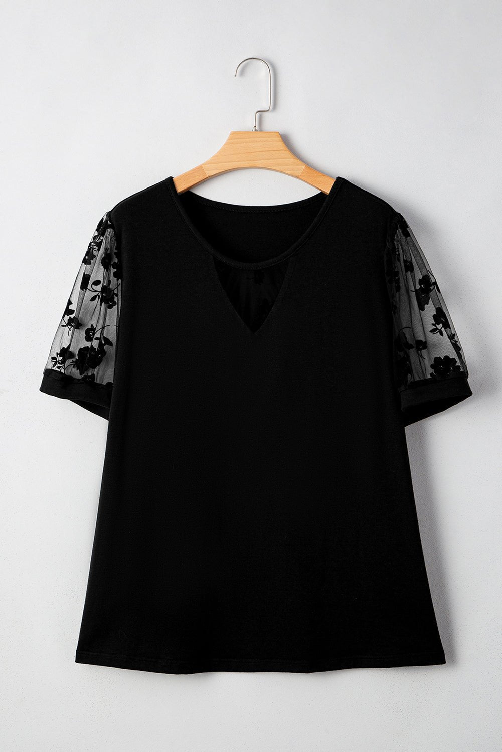 Black Plus Size Floral Mesh Patchwork Loose V Neck T Shirt - MAD RUFFI