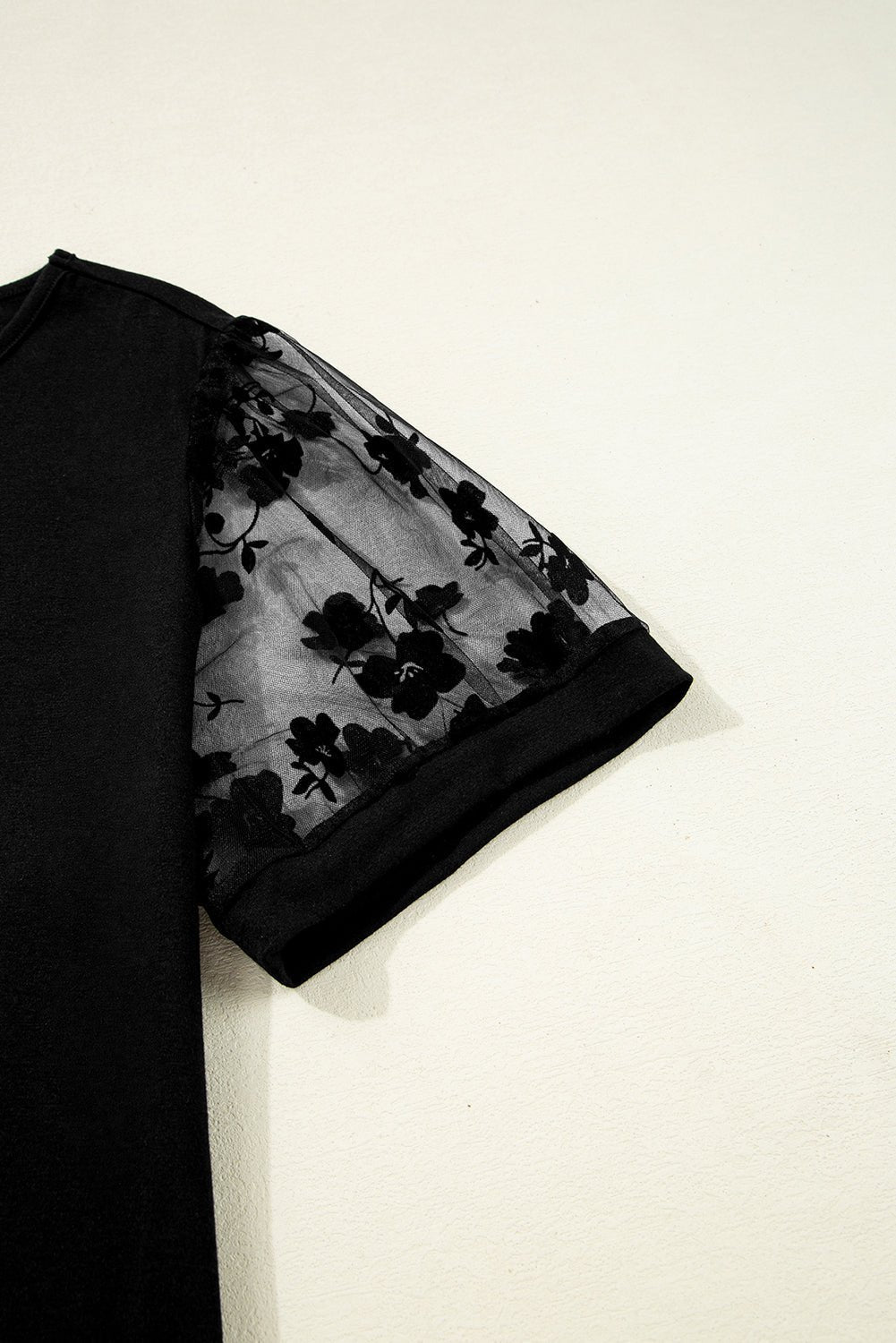 Black Plus Size Floral Mesh Patchwork Loose V Neck T Shirt - MAD RUFFI