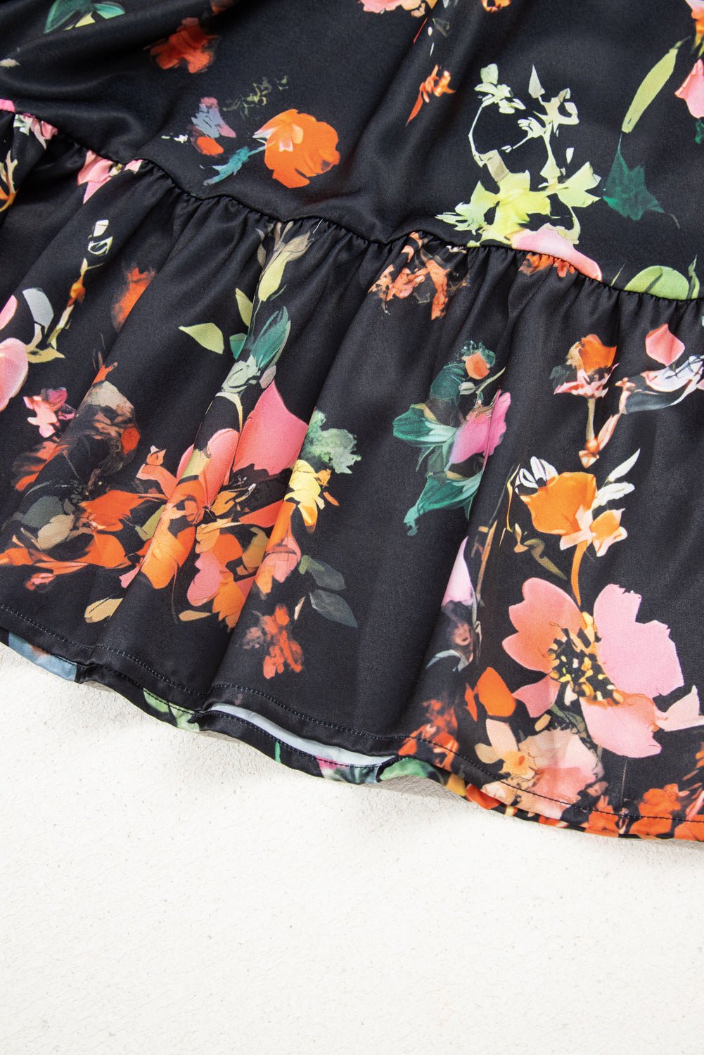 Black Plus Size Floral Print Tie Neck Cinched Waist Long Sleeve Mini Dress - MAD RUFFI