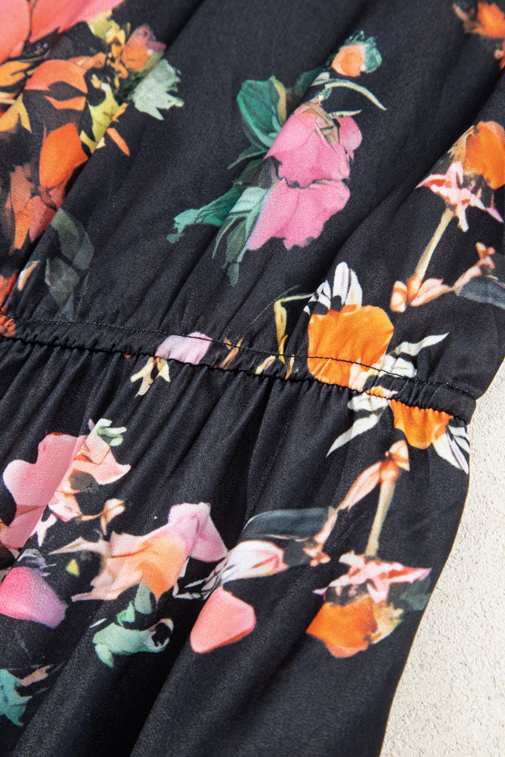 Black Plus Size Floral Print Tie Neck Cinched Waist Long Sleeve Mini Dress - MAD RUFFI