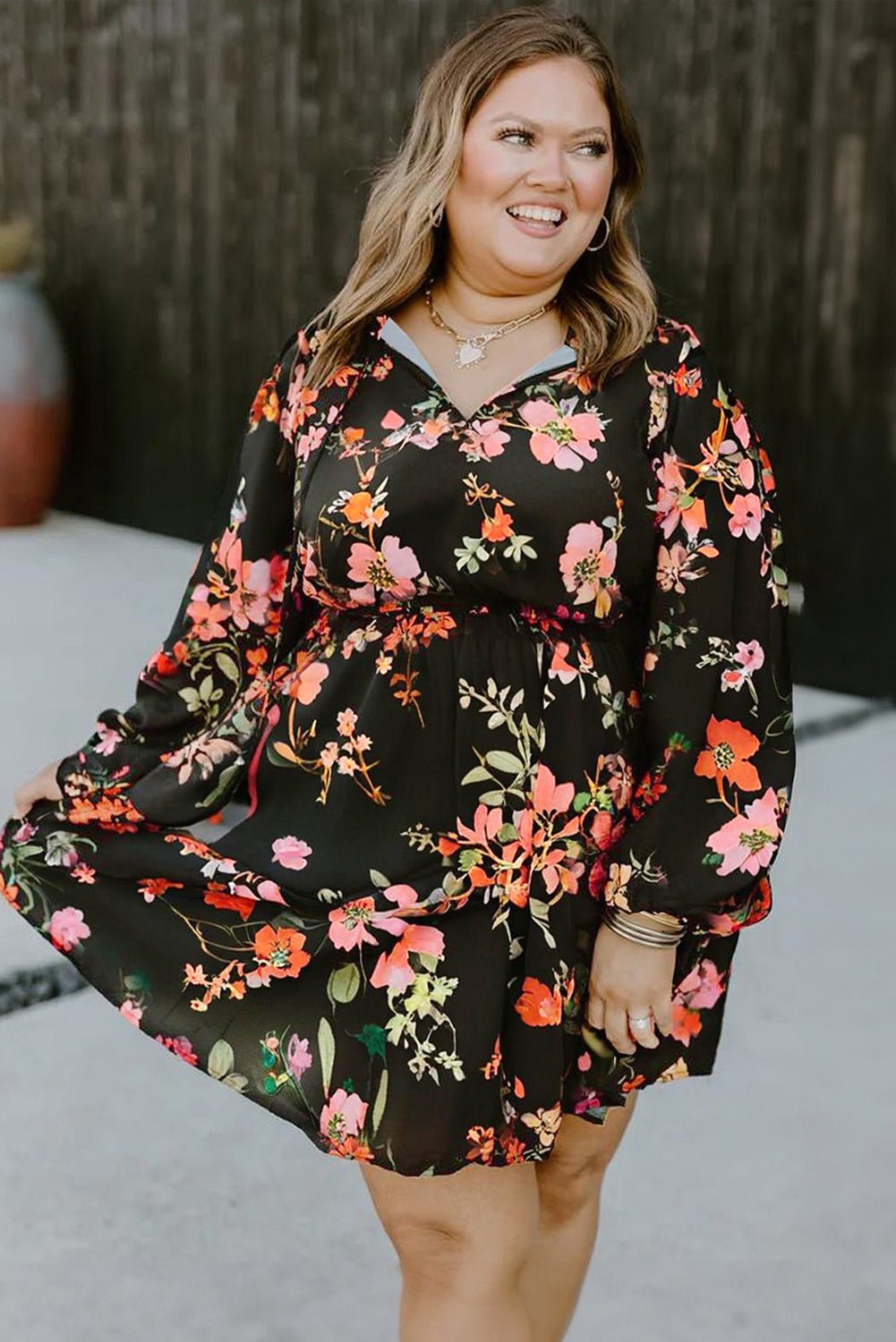 Black Plus Size Floral Print Tie Neck Cinched Waist Long Sleeve Mini Dress - MAD RUFFI