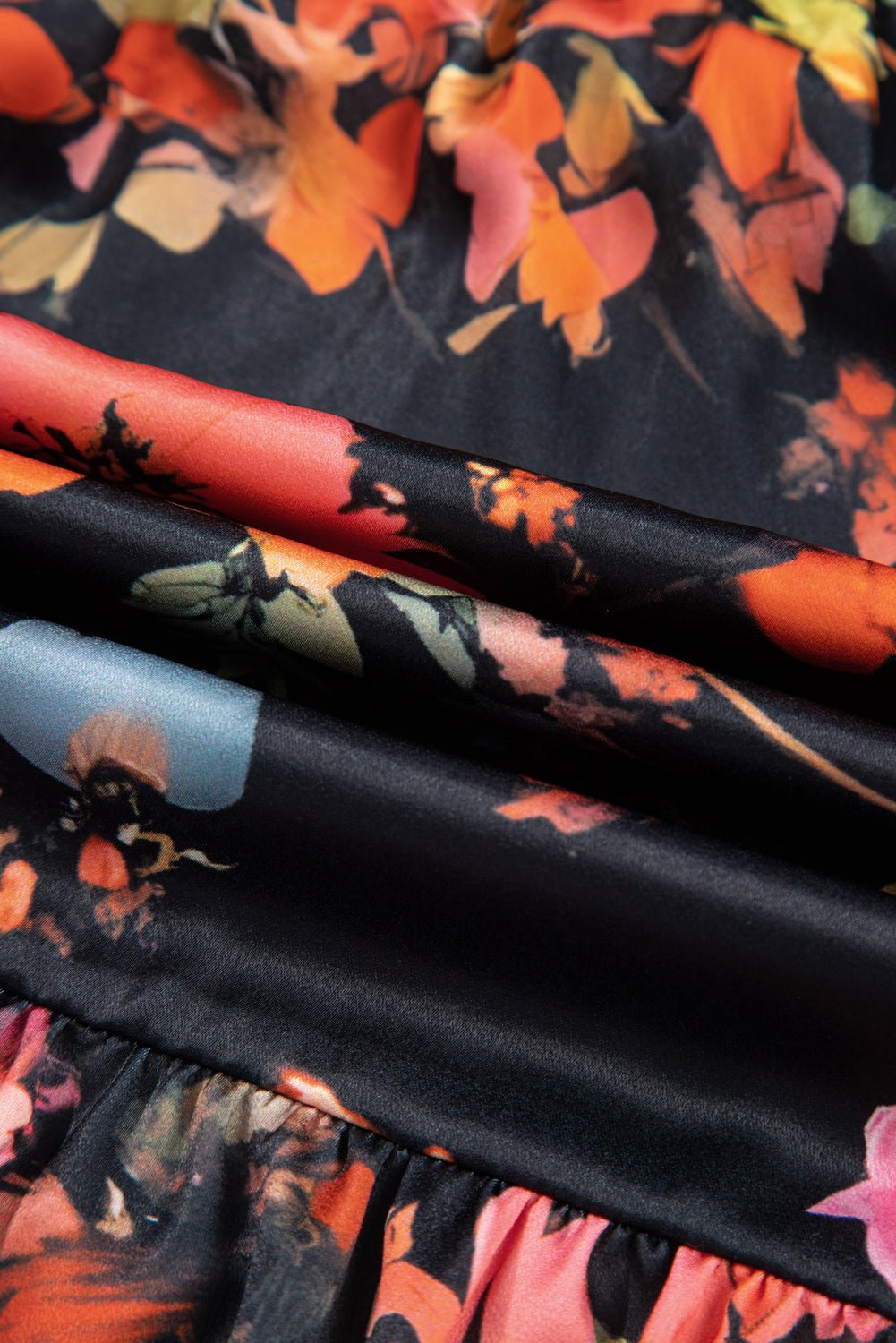 Black Plus Size Floral Print Tie Neck Cinched Waist Long Sleeve Mini Dress - MAD RUFFI