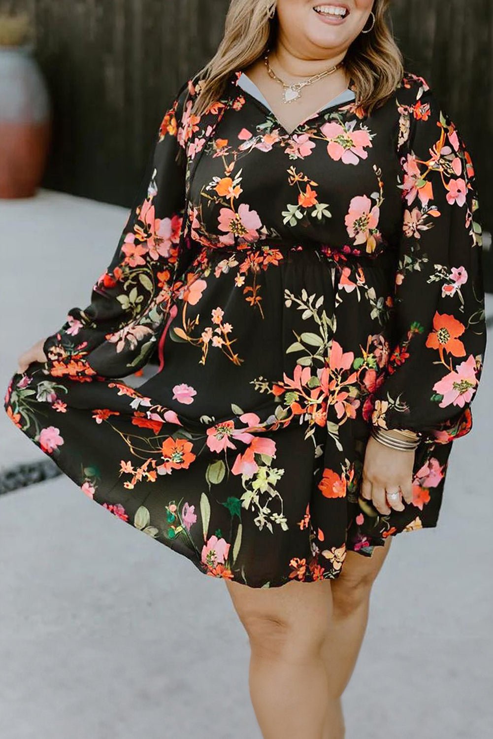 Black Plus Size Floral Print Tie Neck Cinched Waist Long Sleeve Mini Dress - MAD RUFFI