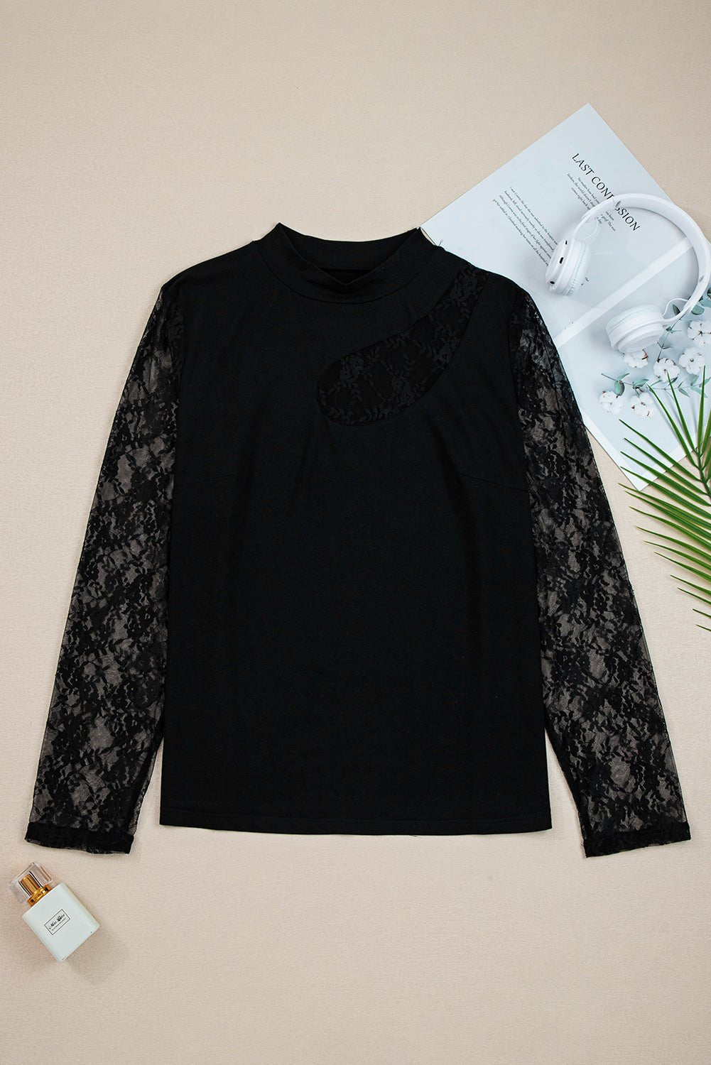 Black Plus Size Lace Patchwork Asymmetric Long Sleeve Top - MAD RUFFI