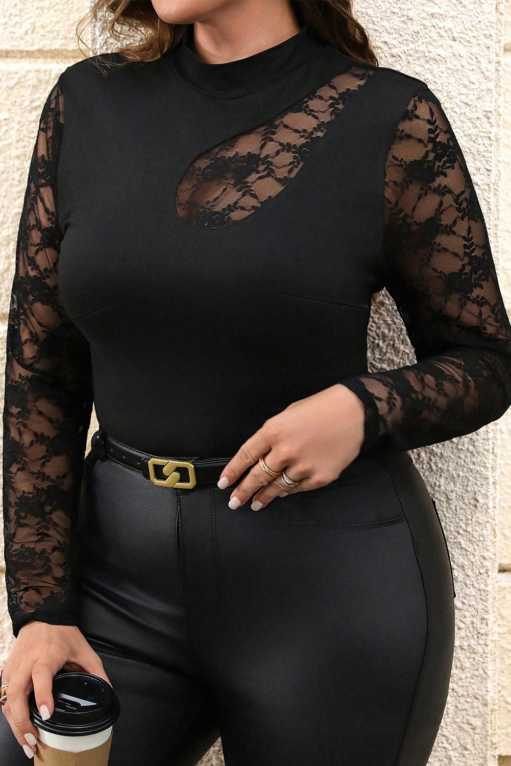 Black Plus Size Lace Patchwork Asymmetric Long Sleeve Top - MAD RUFFI