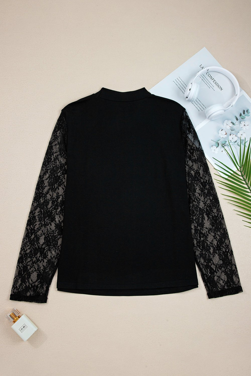 Black Plus Size Lace Patchwork Asymmetric Long Sleeve Top - MAD RUFFI