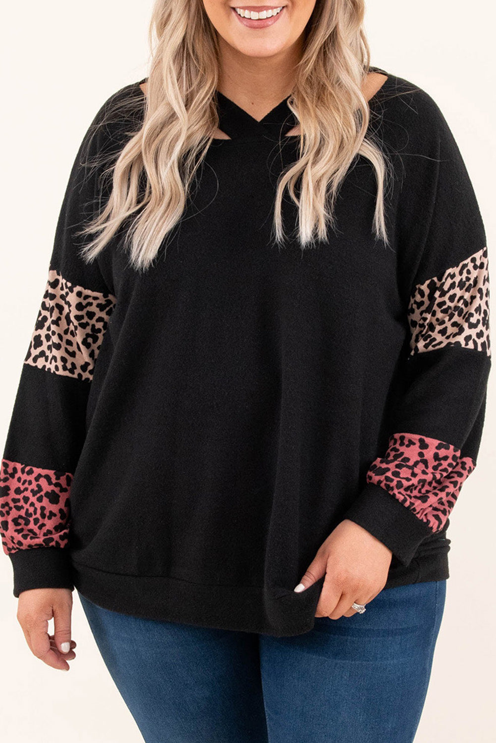 Black Plus Size Leopard Patchwork Strappy Neck Top - Black / 1X - Plus Size Tops