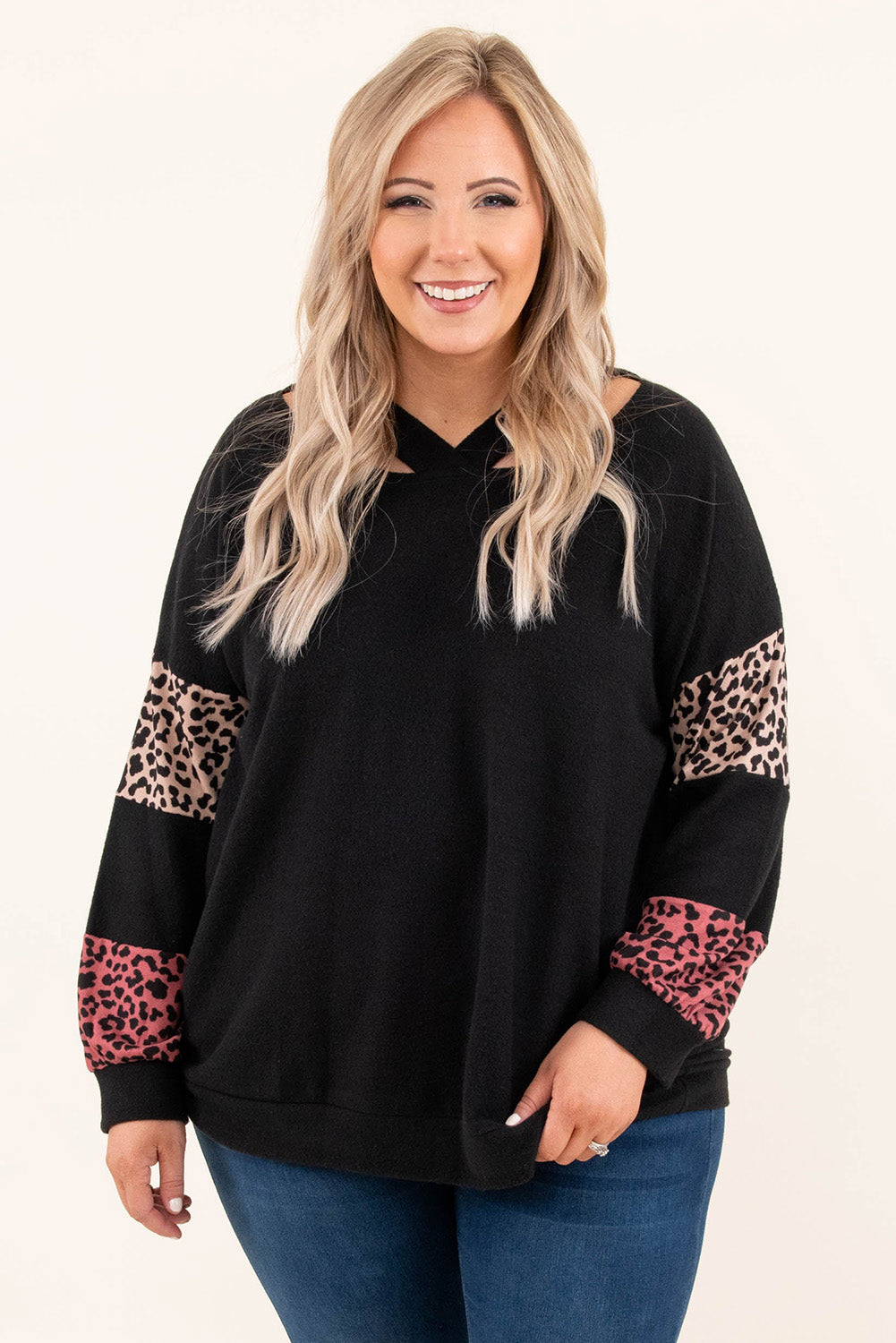 Black Plus Size Leopard Patchwork Strappy Neck Top - Plus Size Tops