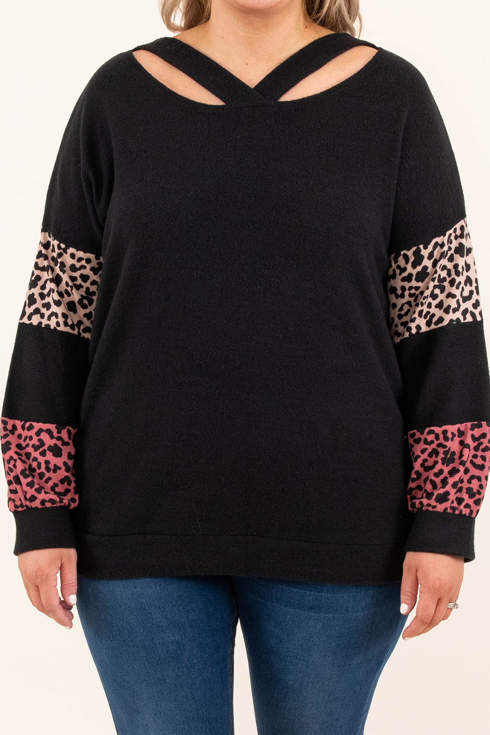 Black Plus Size Leopard Patchwork Strappy Neck Top - Plus Size Tops