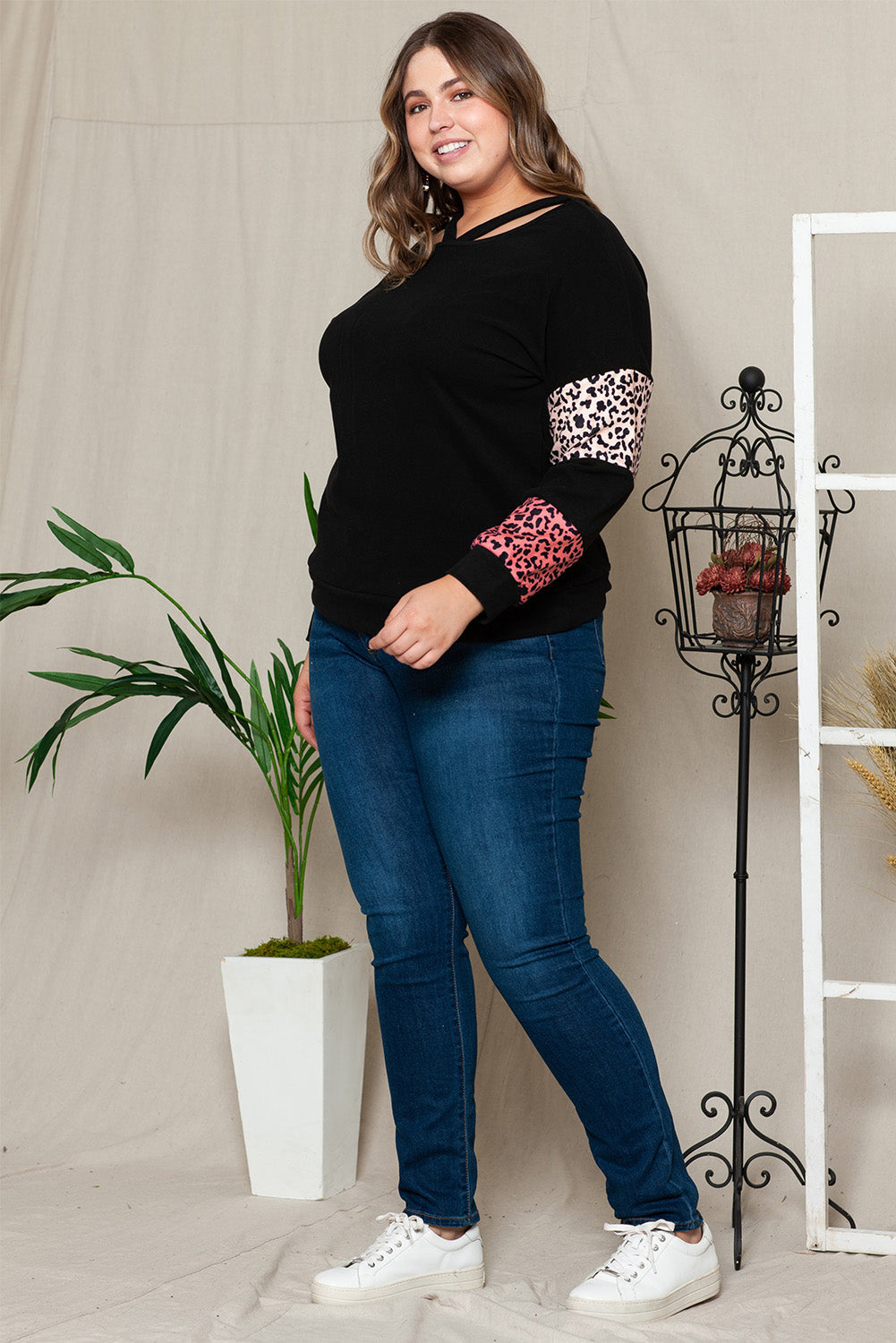 Black Plus Size Leopard Patchwork Strappy Neck Top - Plus Size Tops