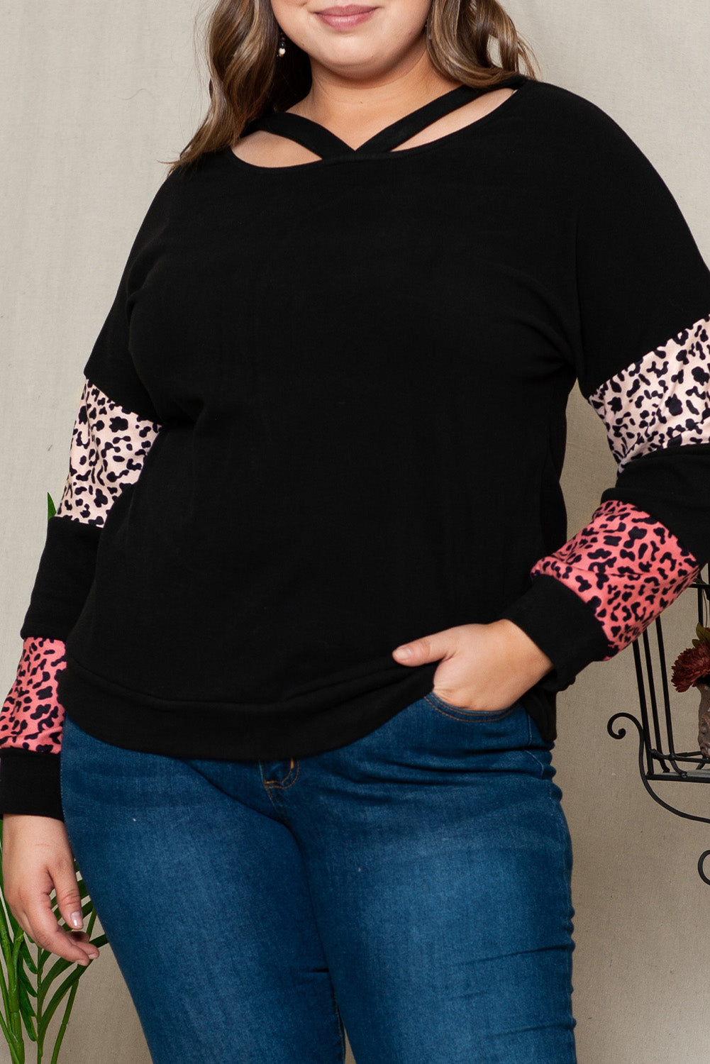 Black Plus Size Leopard Patchwork Strappy Neck Top - Plus Size Tops