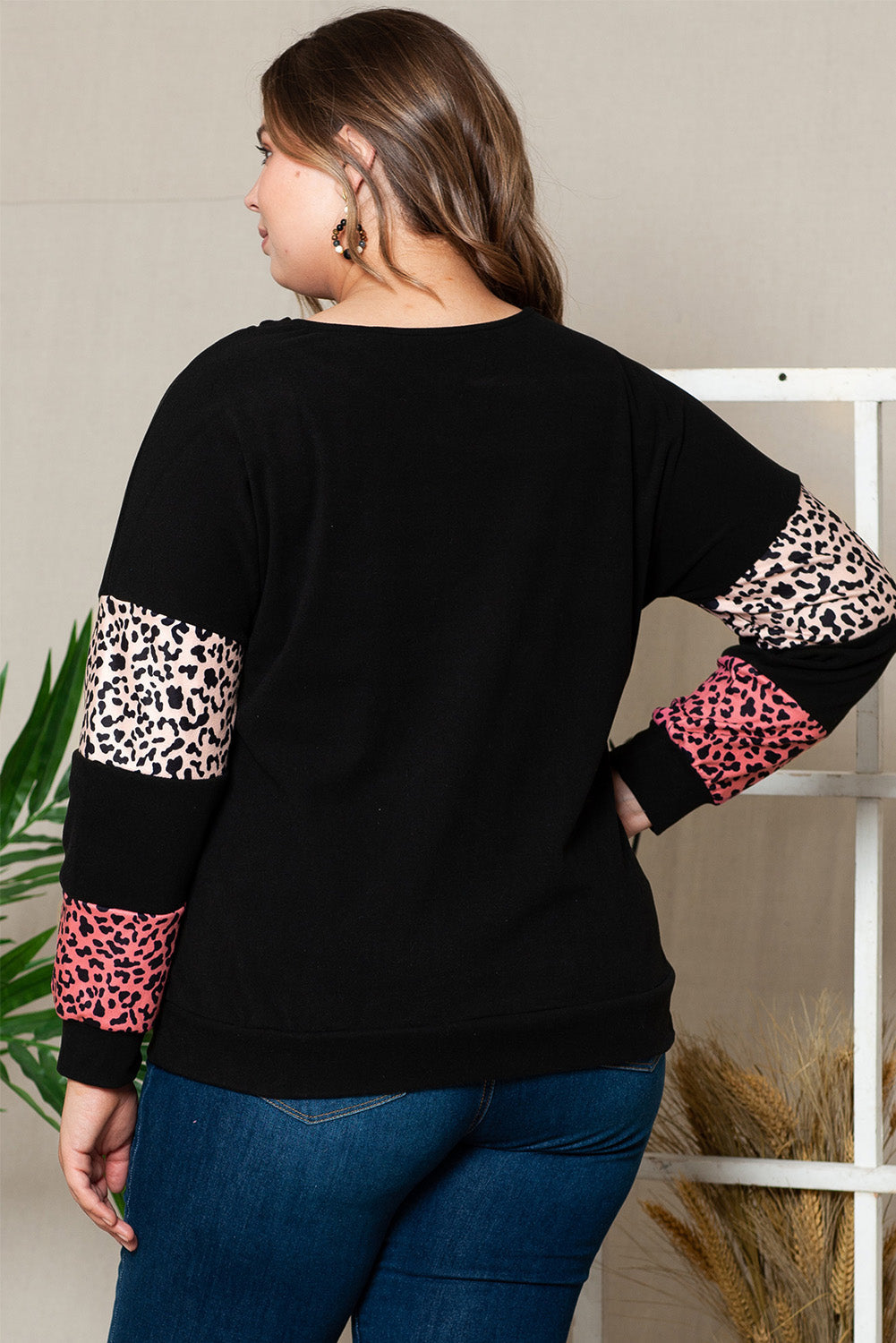 Black Plus Size Leopard Patchwork Strappy Neck Top - Plus Size Tops