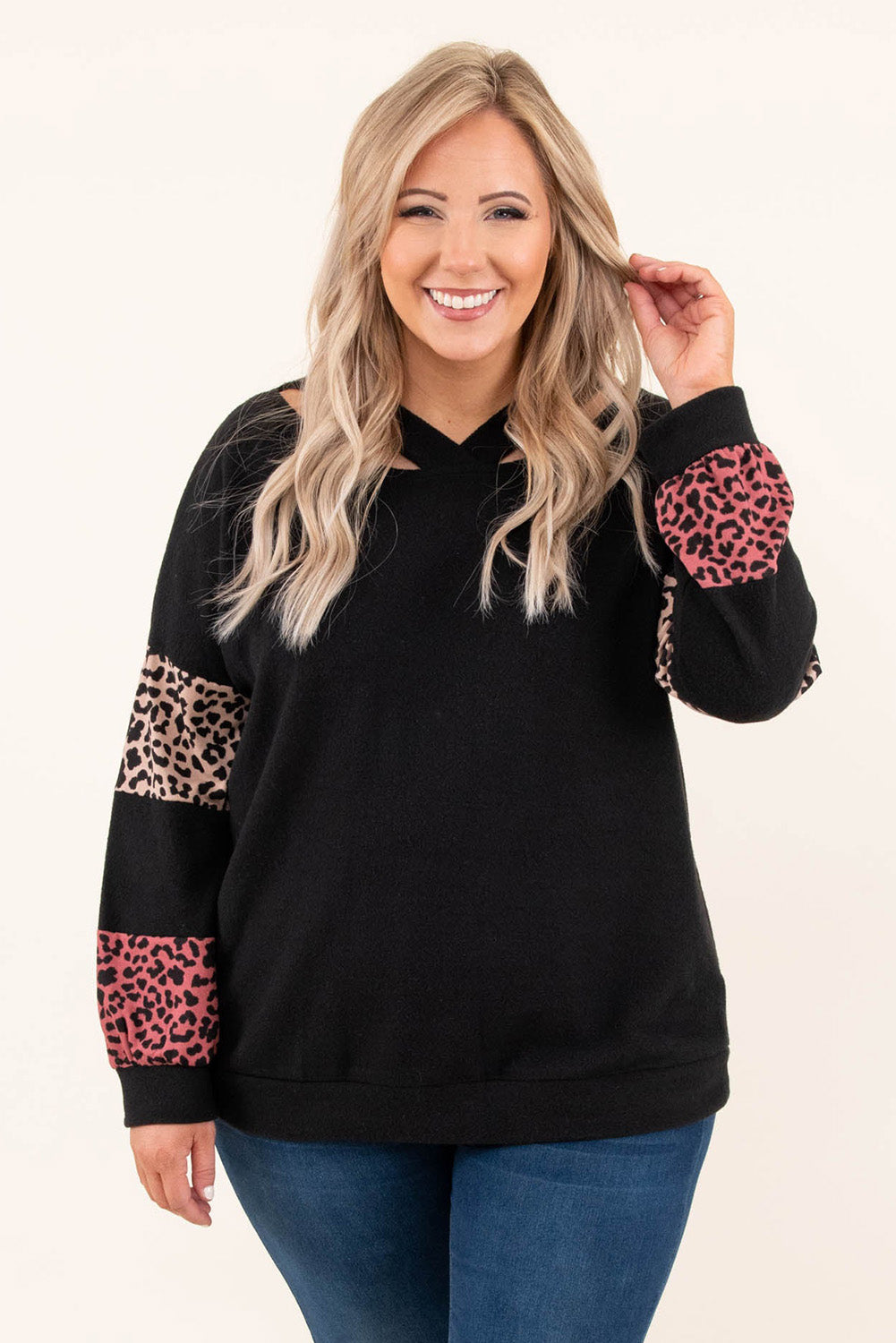 Black Plus Size Leopard Patchwork Strappy Neck Top - Plus Size Tops