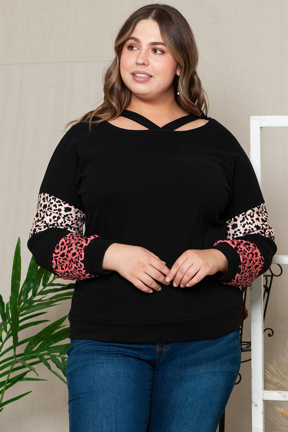 Black Plus Size Leopard Patchwork Strappy Neck Top - Plus Size Tops