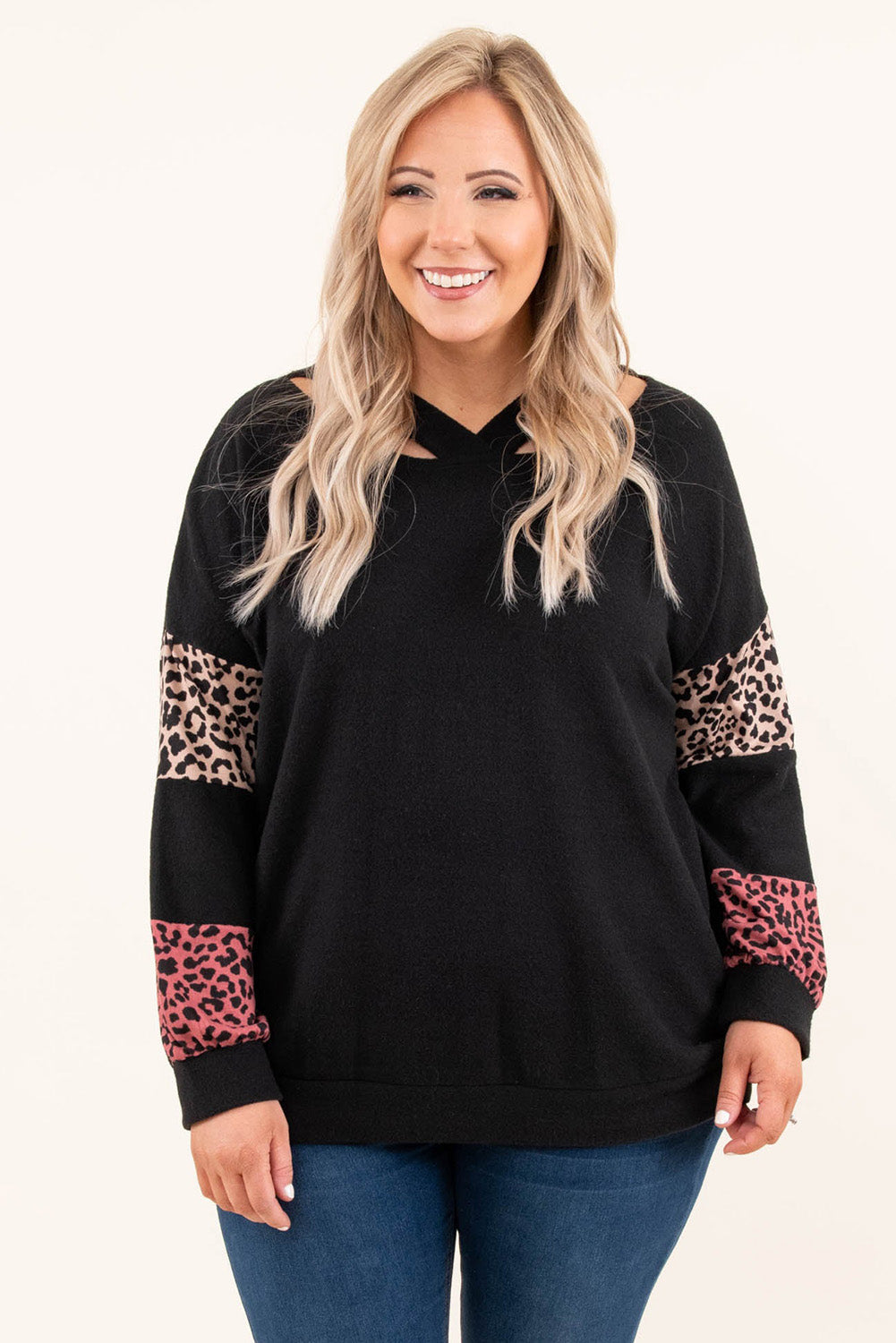 Black Plus Size Leopard Patchwork Strappy Neck Top - Plus Size Tops