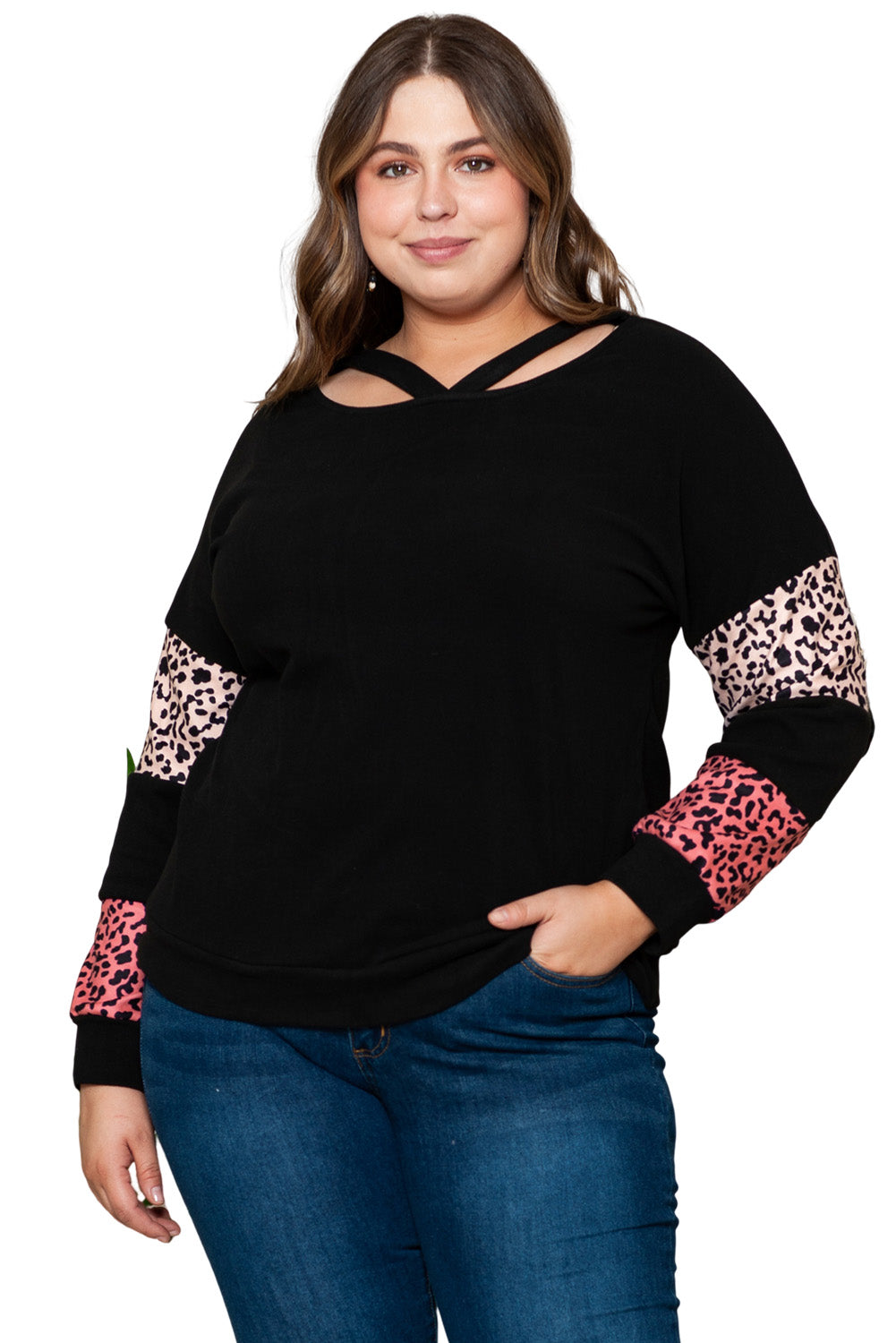 Black Plus Size Leopard Patchwork Strappy Neck Top - Plus Size Tops