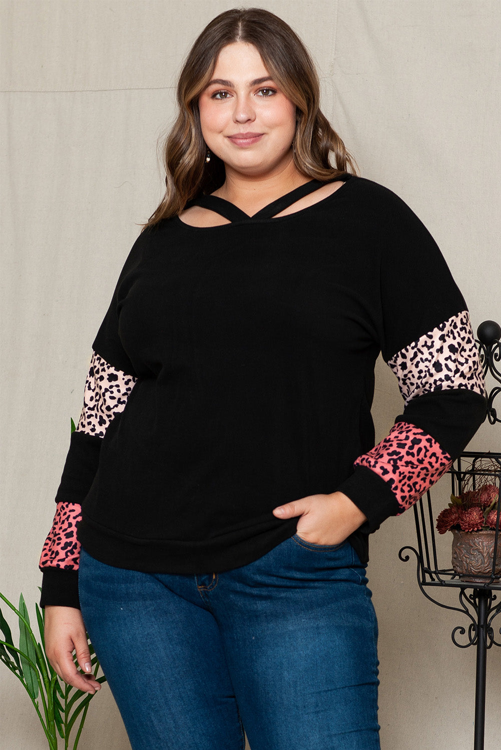 Black Plus Size Leopard Patchwork Strappy Neck Top - Plus Size Tops