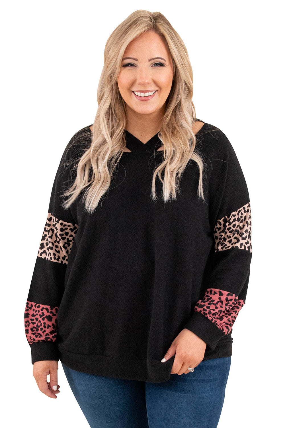 Black Plus Size Leopard Patchwork Strappy Neck Top - Plus Size Tops