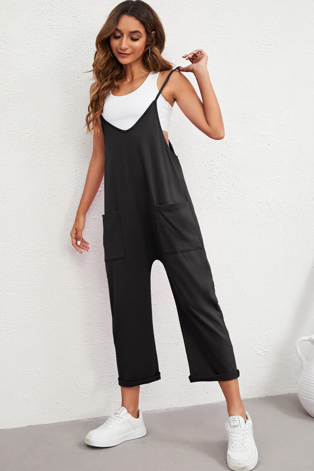 Black Pocketed Adjustable Spaghetti Strap Straight Leg Jumpsuit - MAD RUFFI