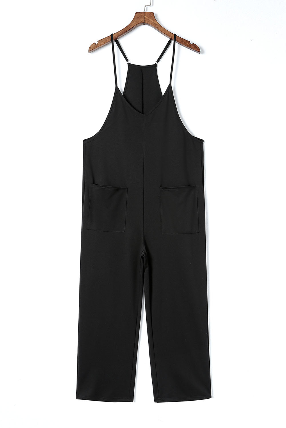 Black Pocketed Adjustable Spaghetti Strap Straight Leg Jumpsuit - MAD RUFFI