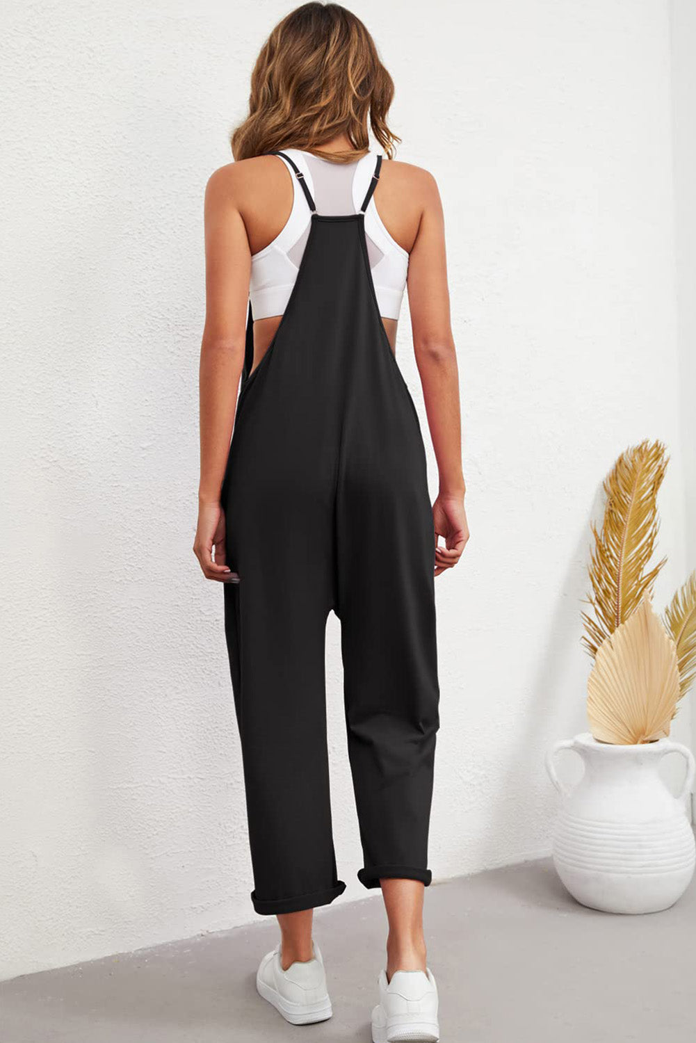 Black Pocketed Adjustable Spaghetti Strap Straight Leg Jumpsuit - MAD RUFFI