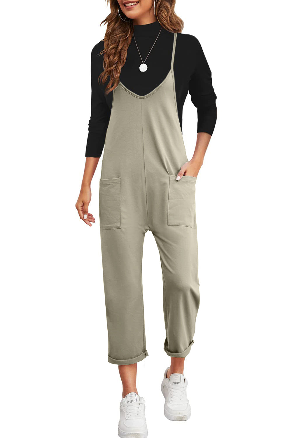 Black Pocketed Adjustable Spaghetti Strap Straight Leg Jumpsuit - MAD RUFFI