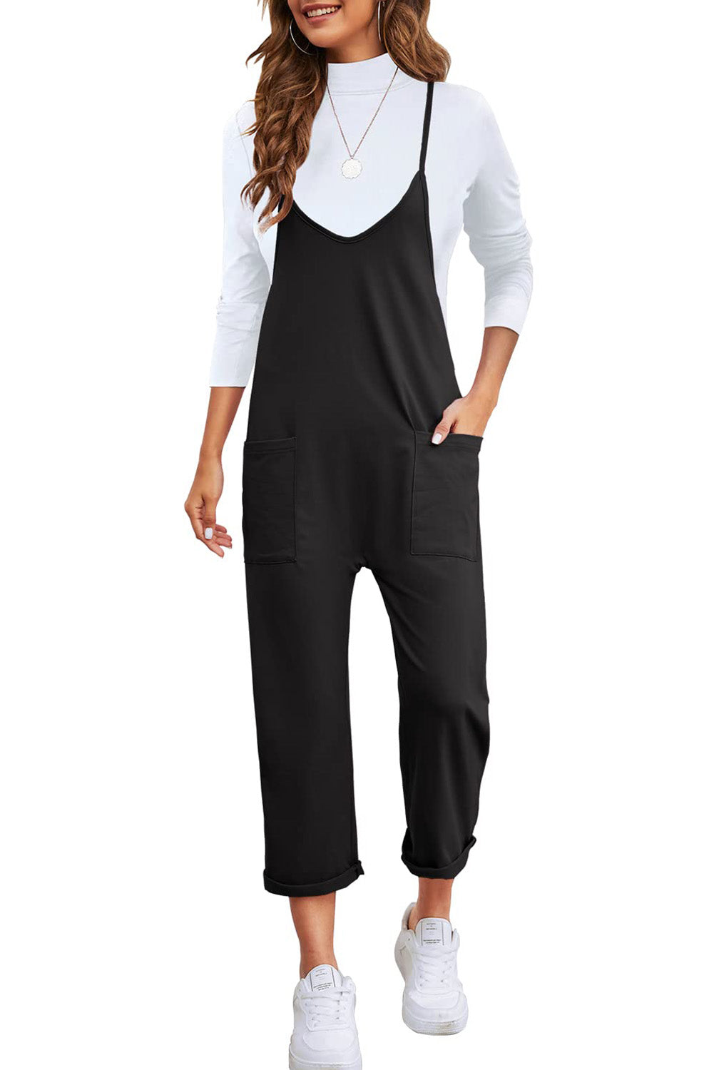 Black Pocketed Adjustable Spaghetti Strap Straight Leg Jumpsuit - MAD RUFFI