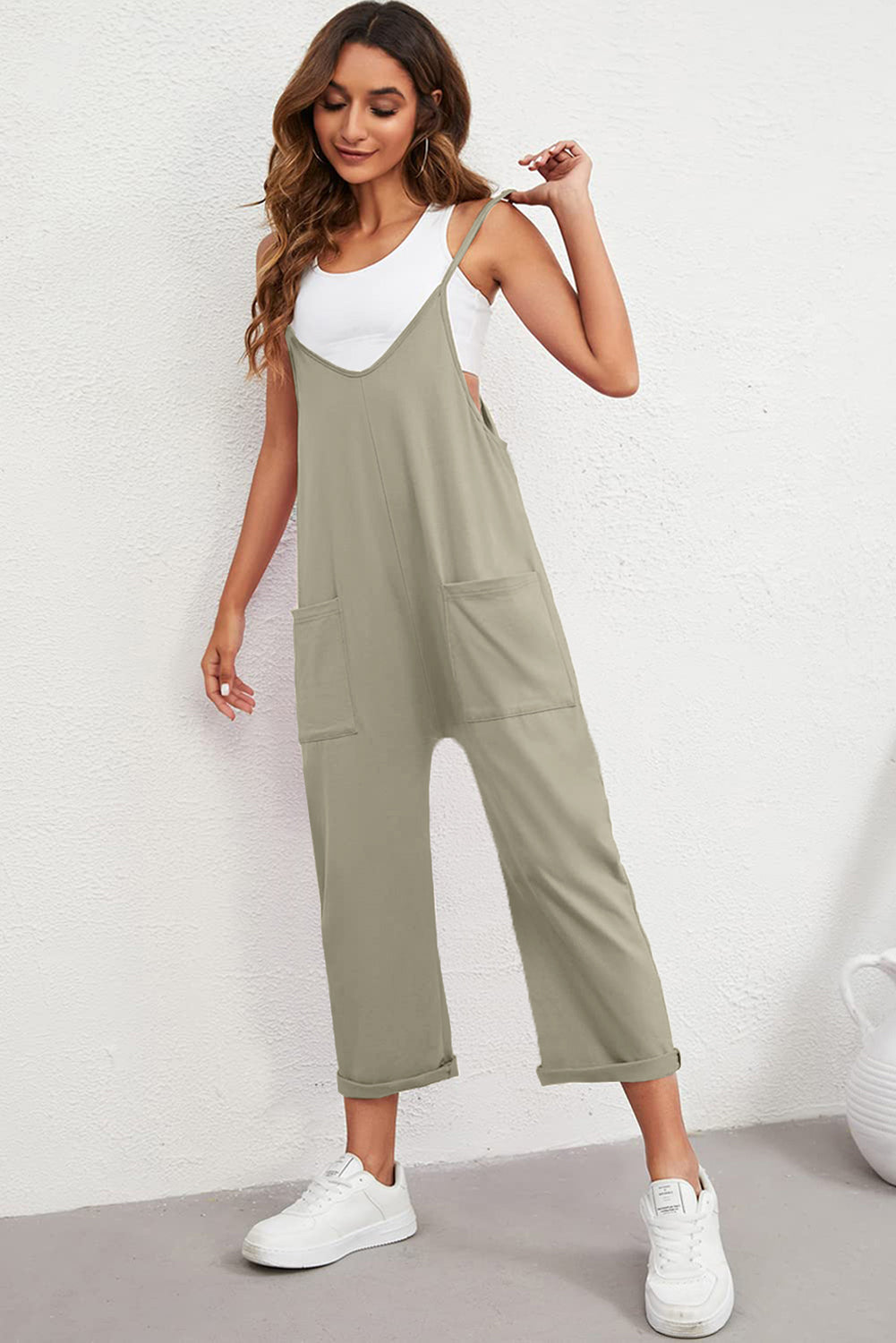 Black Pocketed Adjustable Spaghetti Strap Straight Leg Jumpsuit - MAD RUFFI