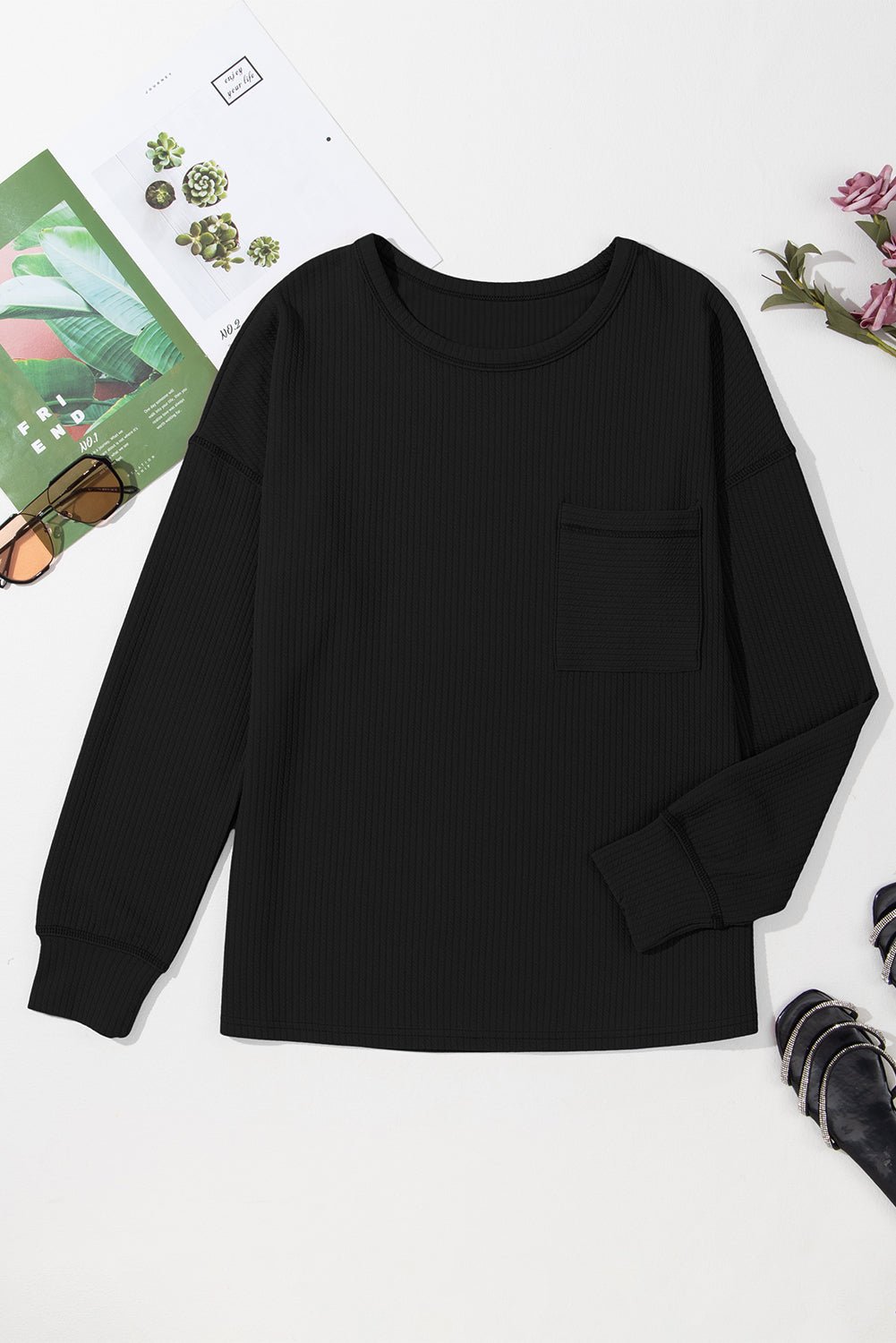 Black Pocketed Ribbed Long Sleeve Top - MAD RUFFI