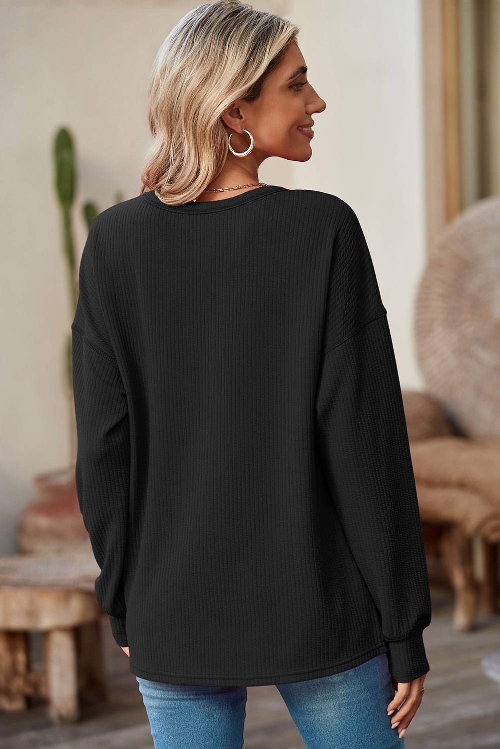 Black Pocketed Ribbed Long Sleeve Top - MAD RUFFI