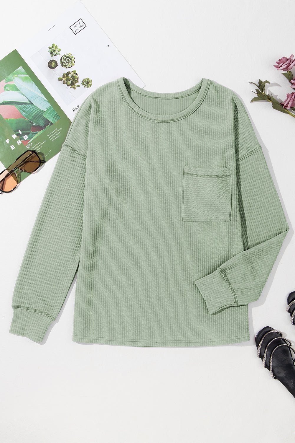 Black Pocketed Ribbed Long Sleeve Top - MAD RUFFI