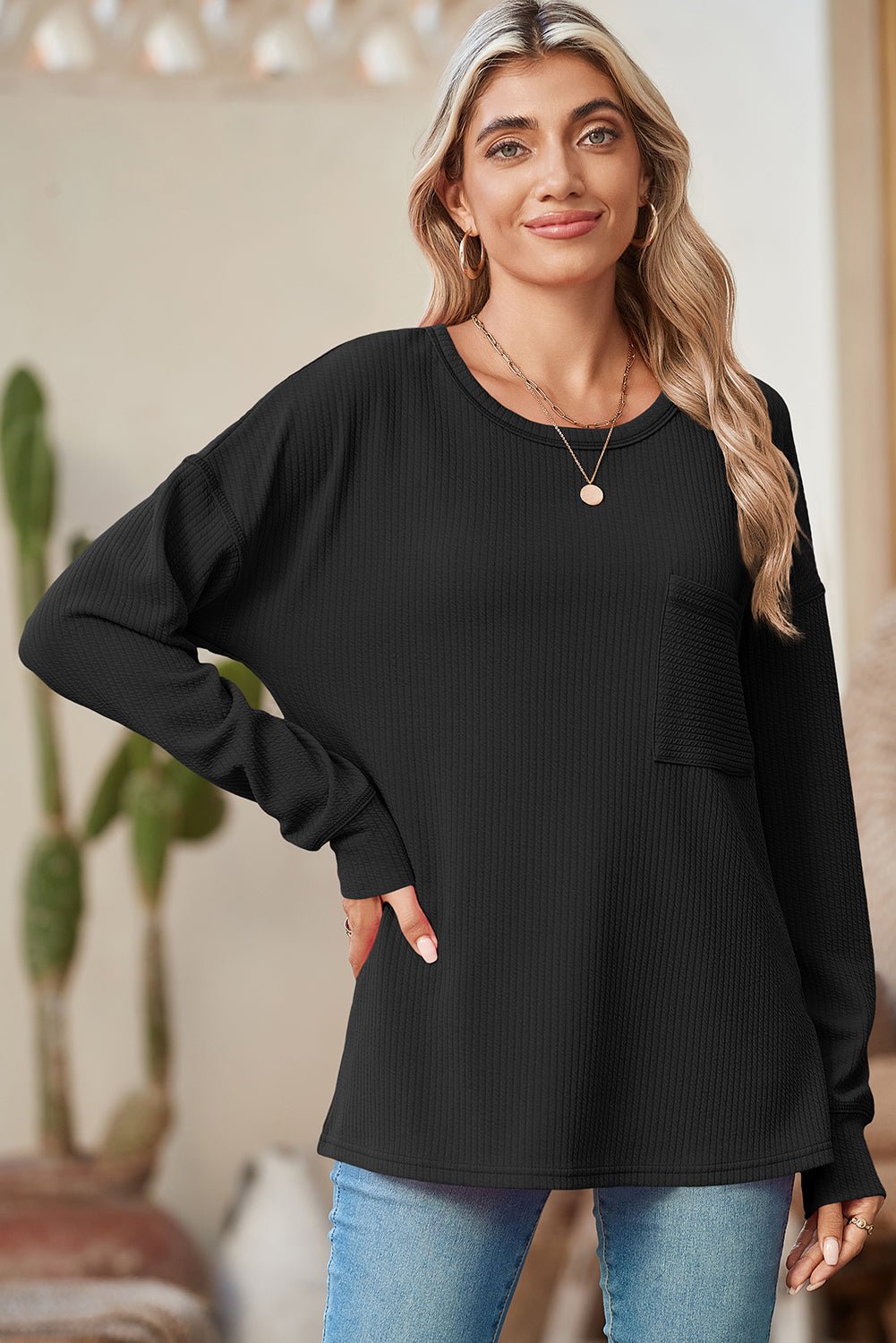 Black Pocketed Ribbed Long Sleeve Top - MAD RUFFI