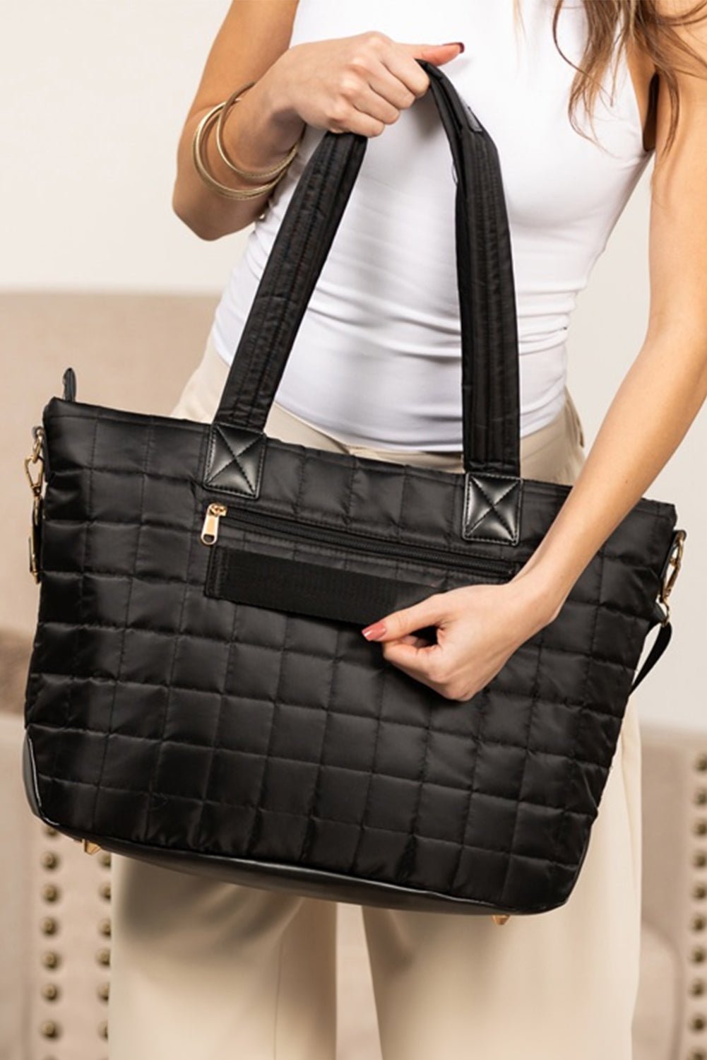 Black Quilted Patchwork Large Tote Bag and Clutch 2pcs Set - MAD RUFFI
