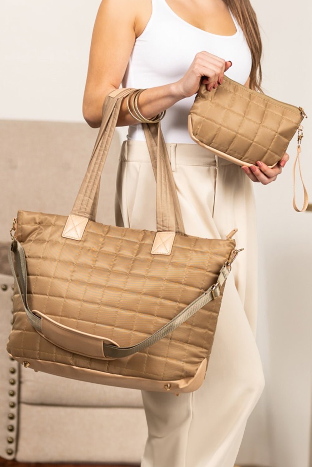 Black Quilted Patchwork Large Tote Bag and Clutch 2pcs Set - MAD RUFFI