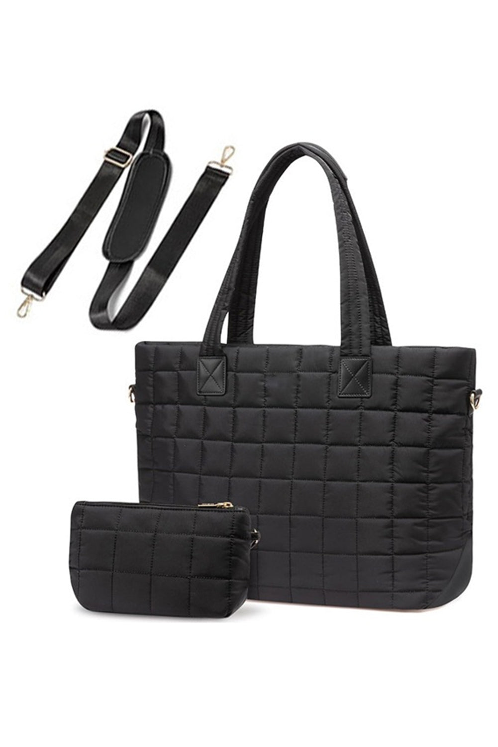 Black Quilted Patchwork Large Tote Bag and Clutch 2pcs Set - MAD RUFFI