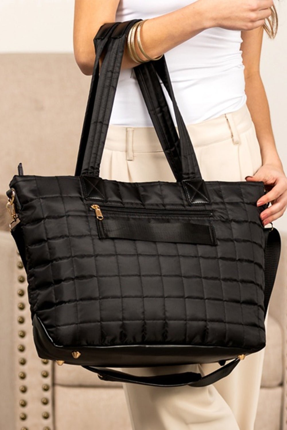 Black Quilted Patchwork Large Tote Bag and Clutch 2pcs Set - MAD RUFFI
