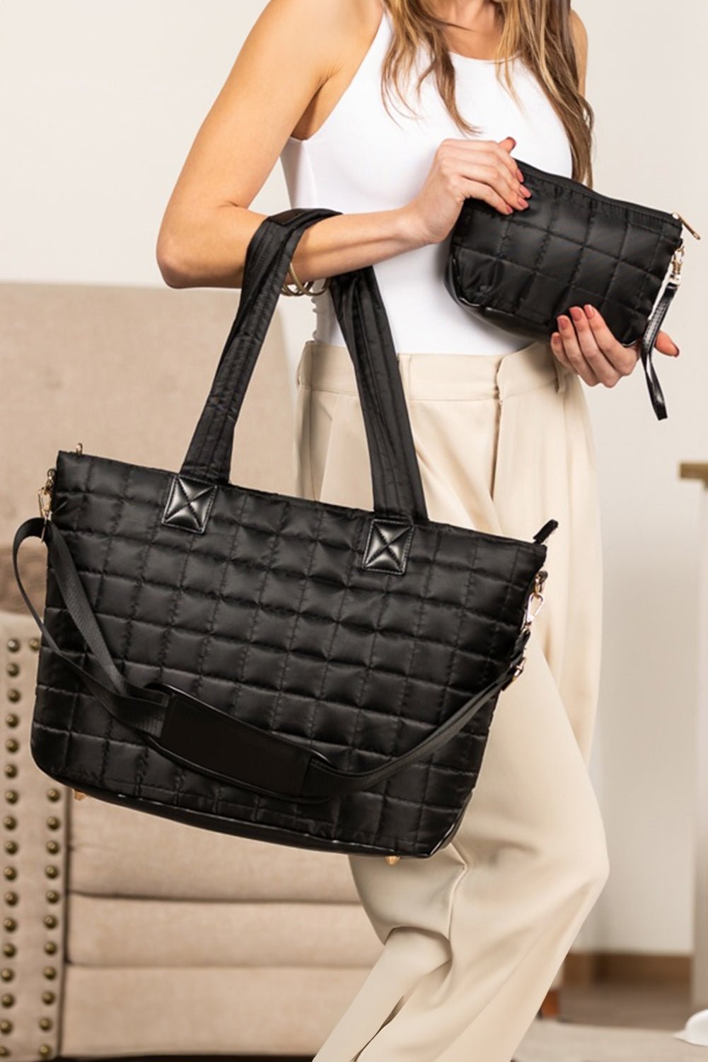 Black Quilted Patchwork Large Tote Bag and Clutch 2pcs Set - MAD RUFFI
