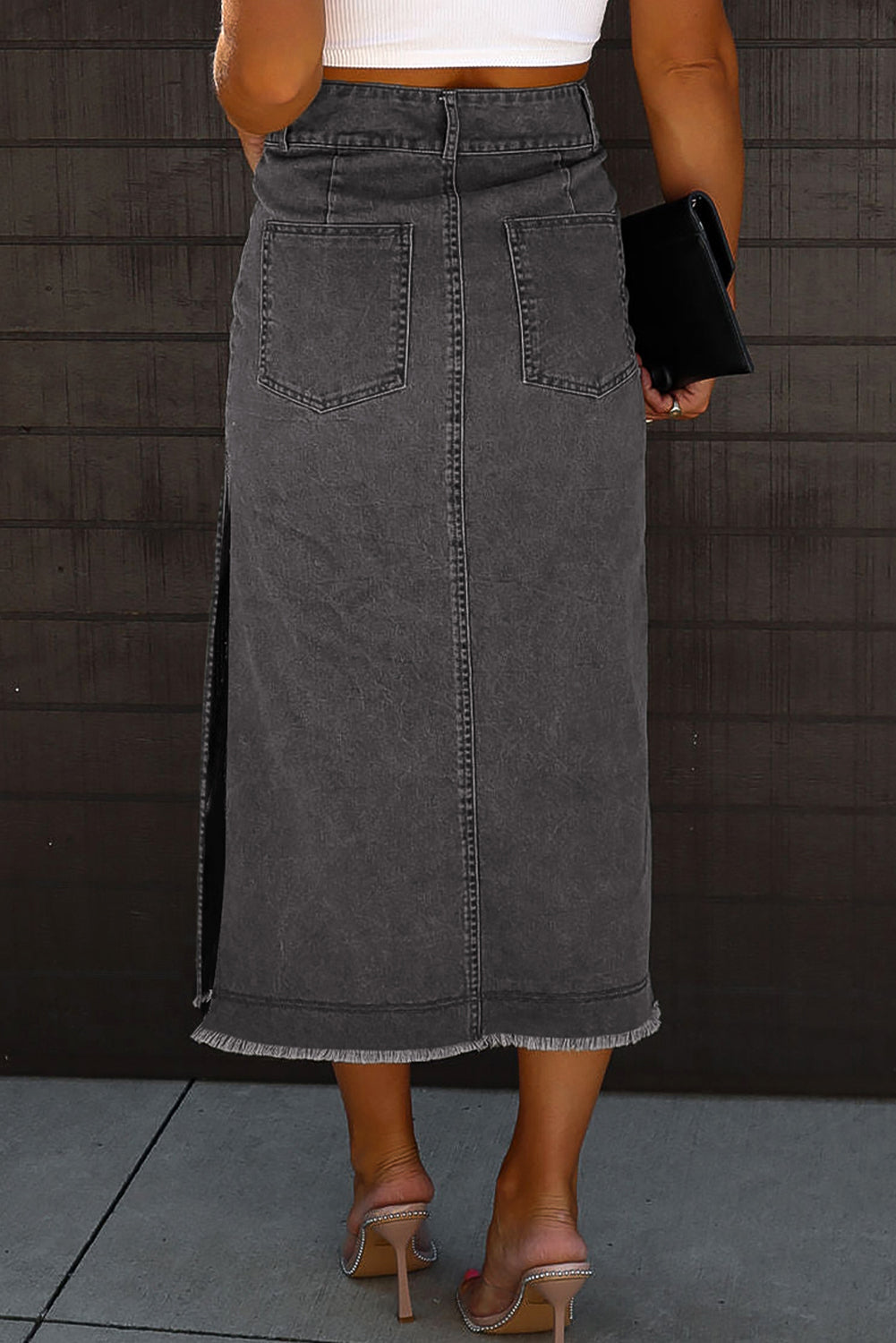 Black Raw Edge Side Slits Buttoned Midi Denim Skirt - MAD RUFFI