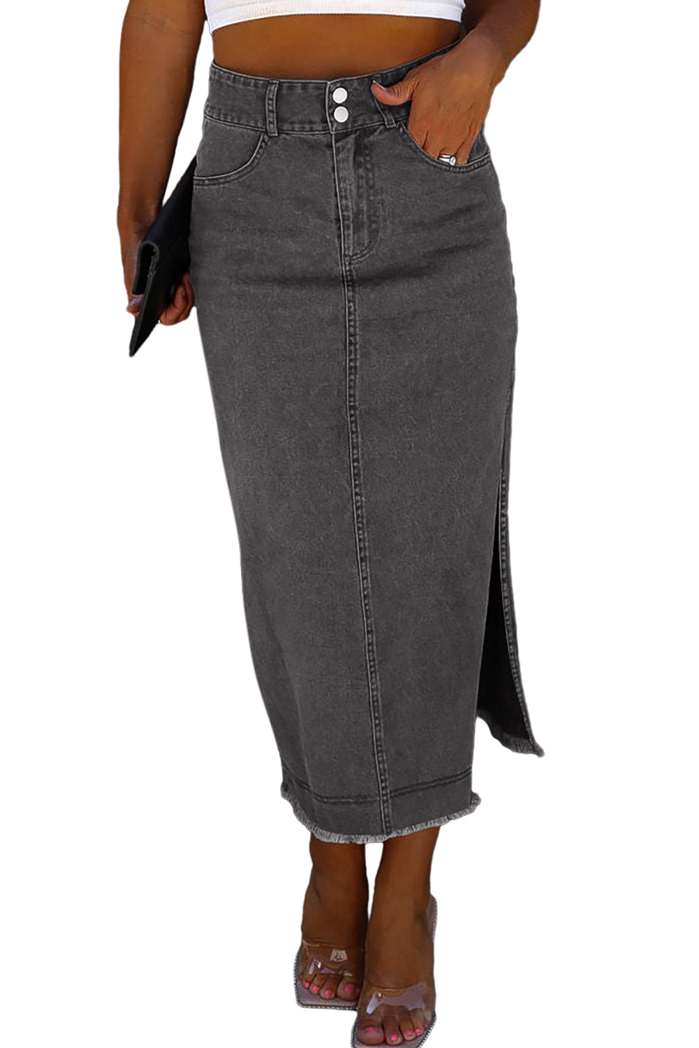 Black Raw Edge Side Slits Buttoned Midi Denim Skirt - MAD RUFFI