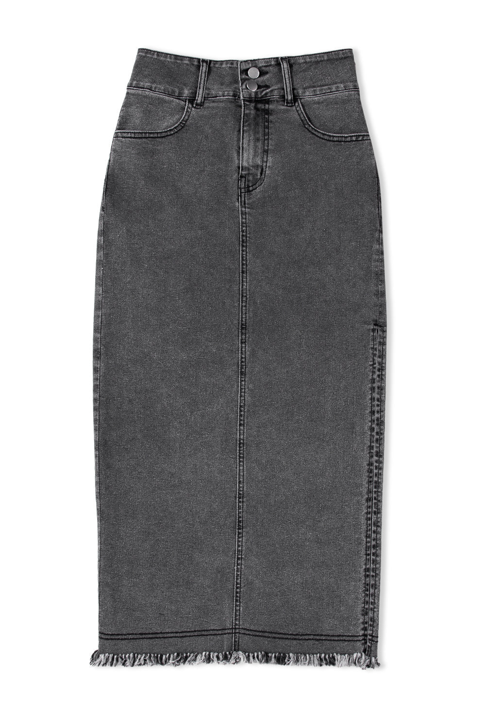 Black Raw Edge Side Slits Buttoned Midi Denim Skirt - MAD RUFFI