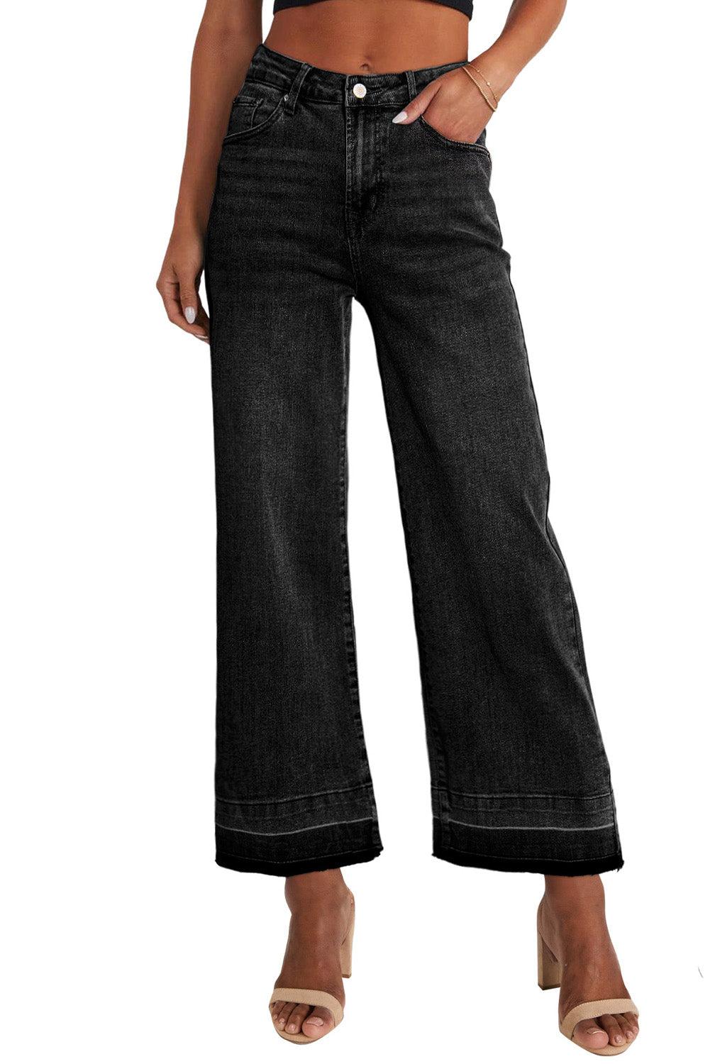 Black Raw Hem Straight Leg Loose High Waist Jeans - MAD RUFFI