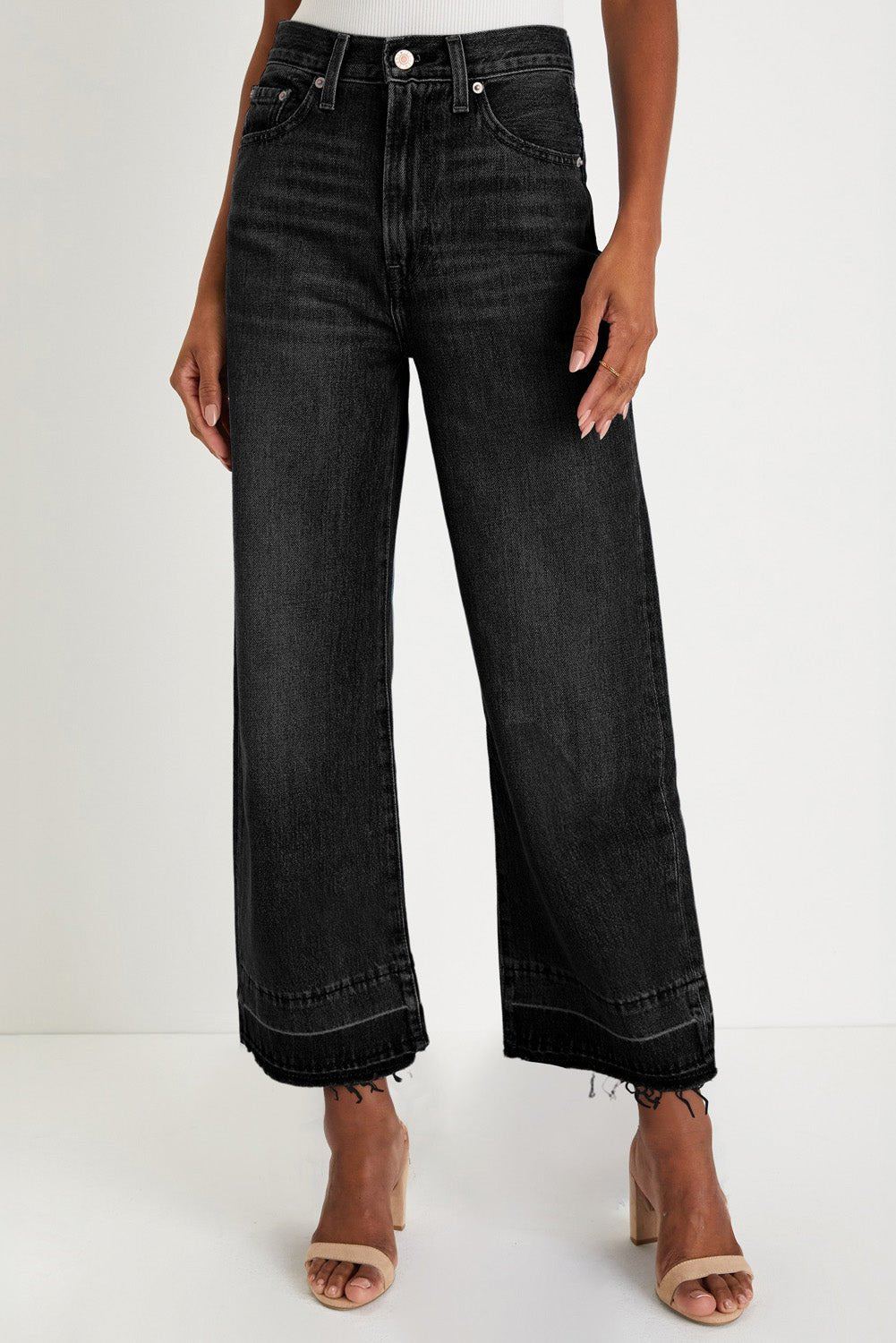 Black Raw Hem Straight Leg Loose High Waist Jeans - MAD RUFFI