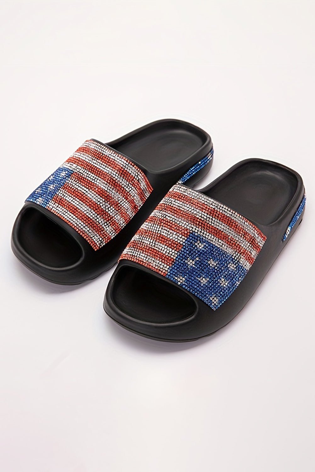Black Rhinestone American Flag Thick Sole Slides Shoes - MAD RUFFI