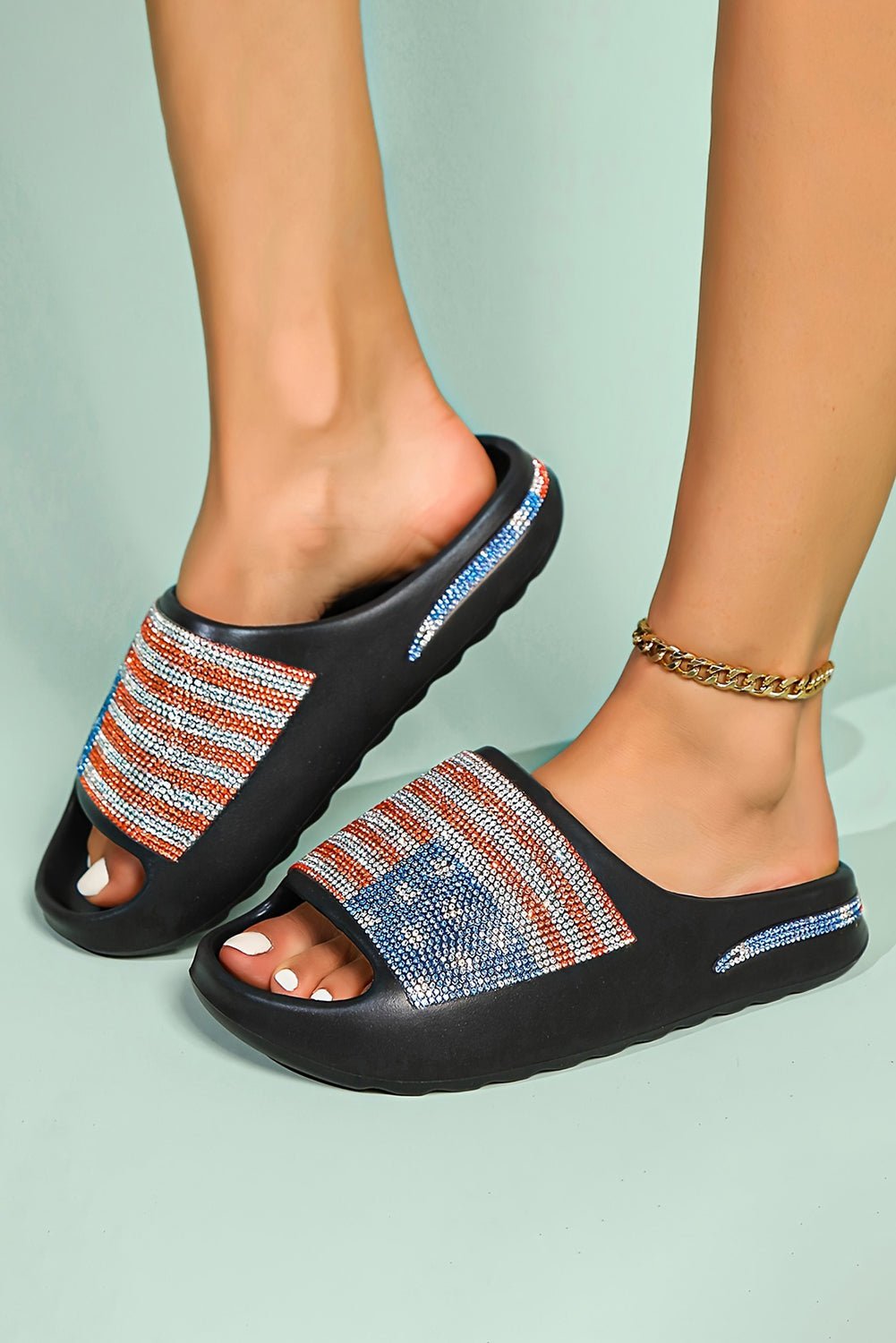 Black Rhinestone American Flag Thick Sole Slides Shoes - MAD RUFFI
