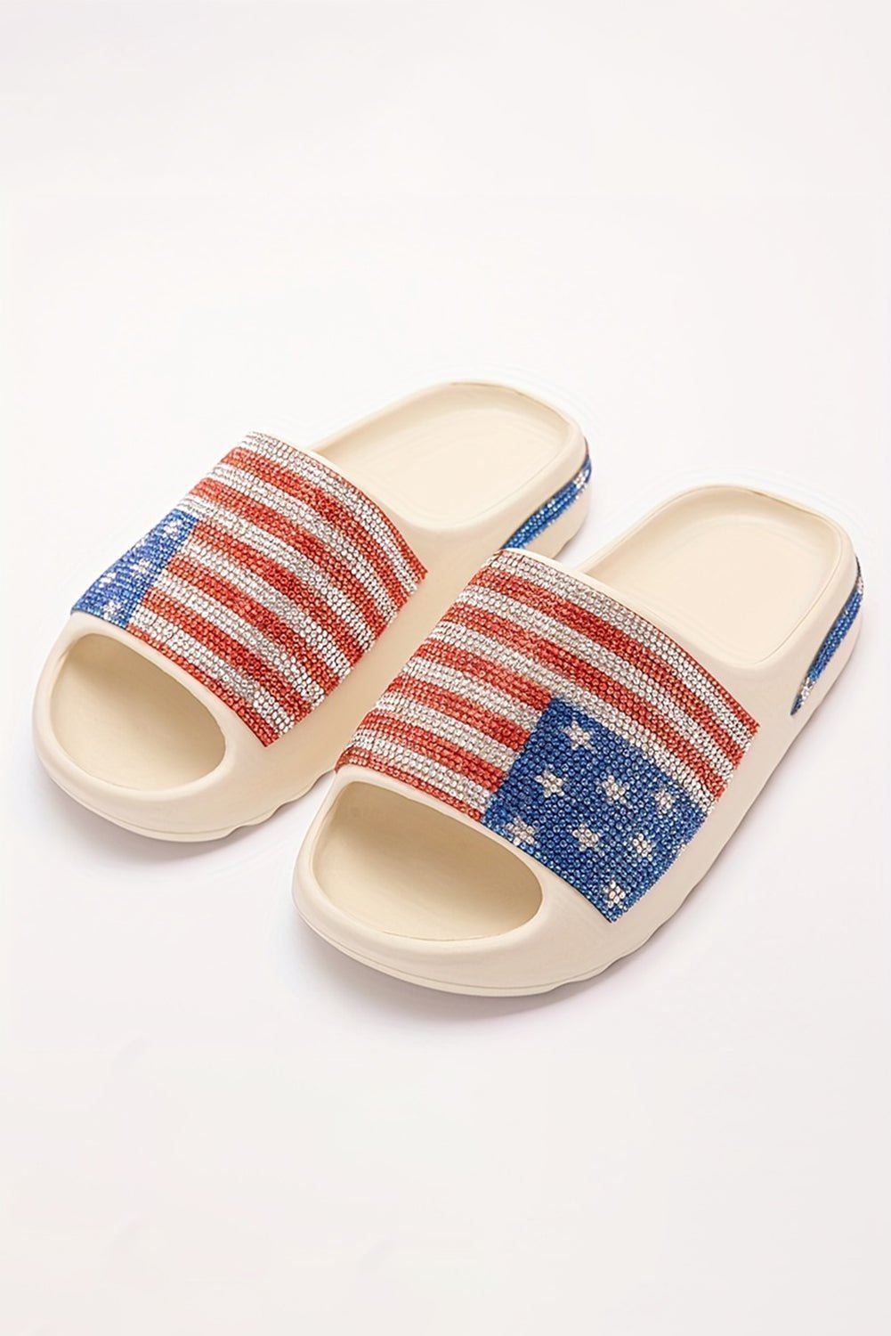Black Rhinestone American Flag Thick Sole Slides Shoes - MAD RUFFI