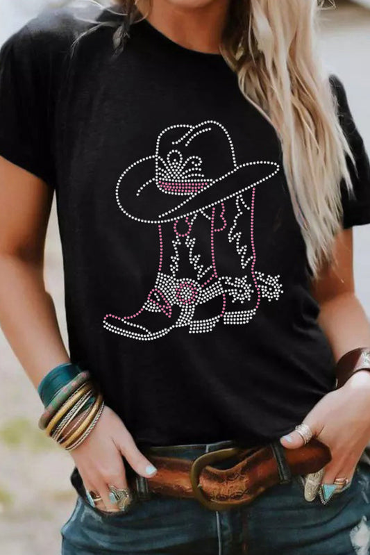 Black Rhinestone Boots Hats Graphic Crew Neck Tee - MAD RUFFI