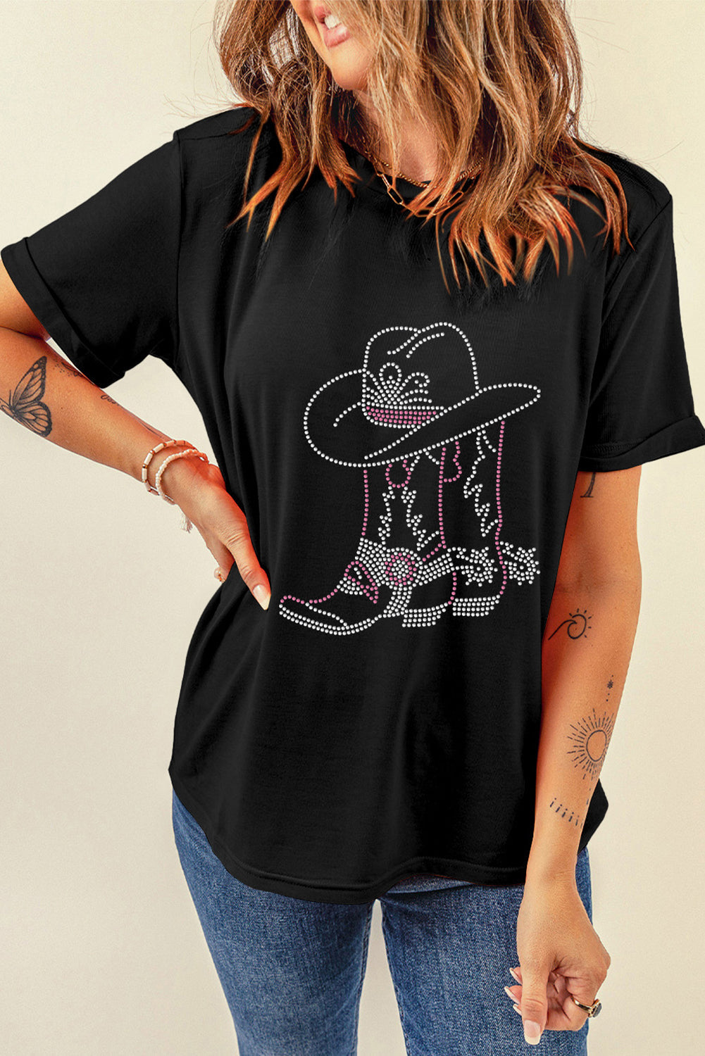 Black Rhinestone Boots Hats Graphic Crew Neck Tee - MAD RUFFI