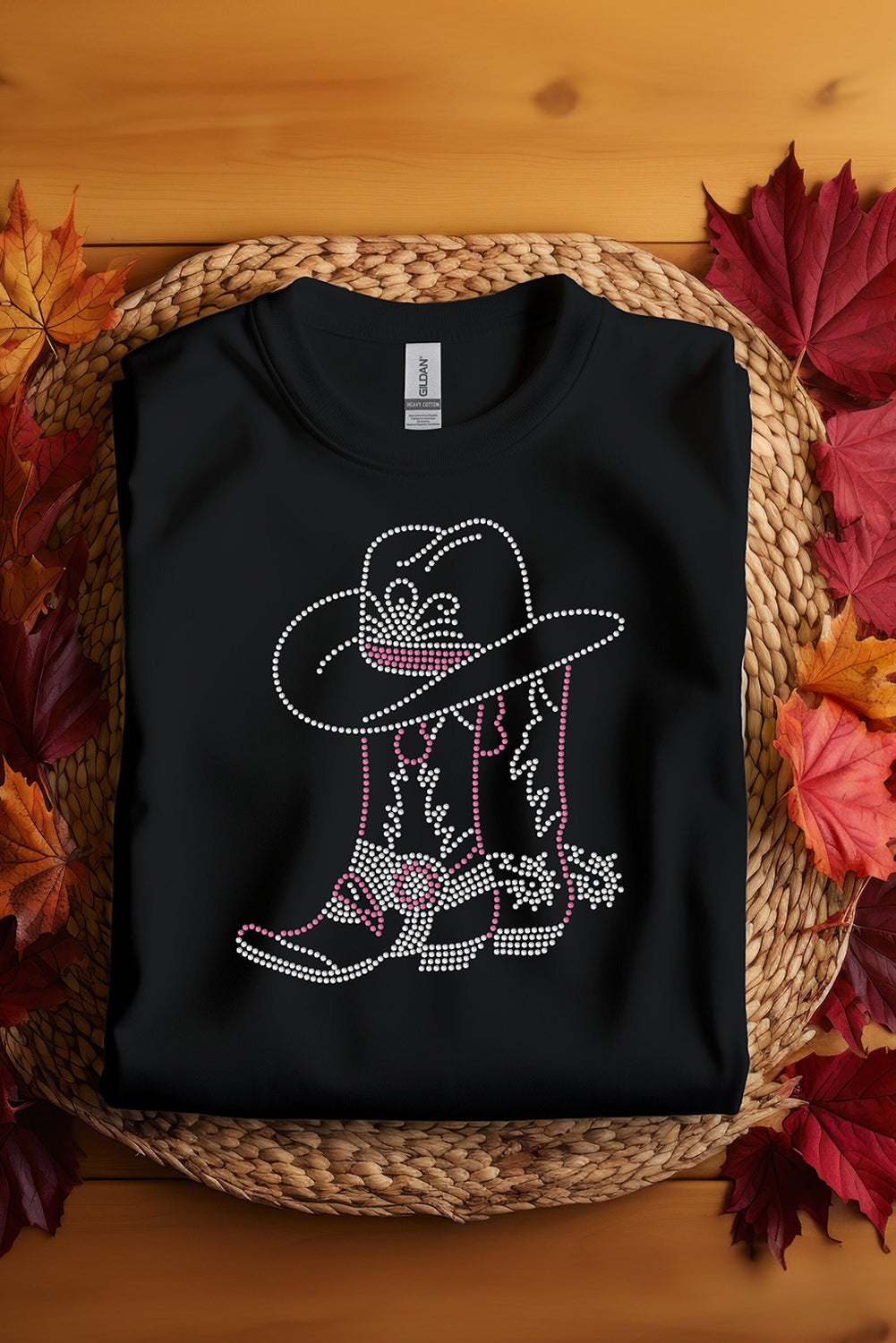 Black Rhinestone Boots Hats Graphic Crew Neck Tee - MAD RUFFI