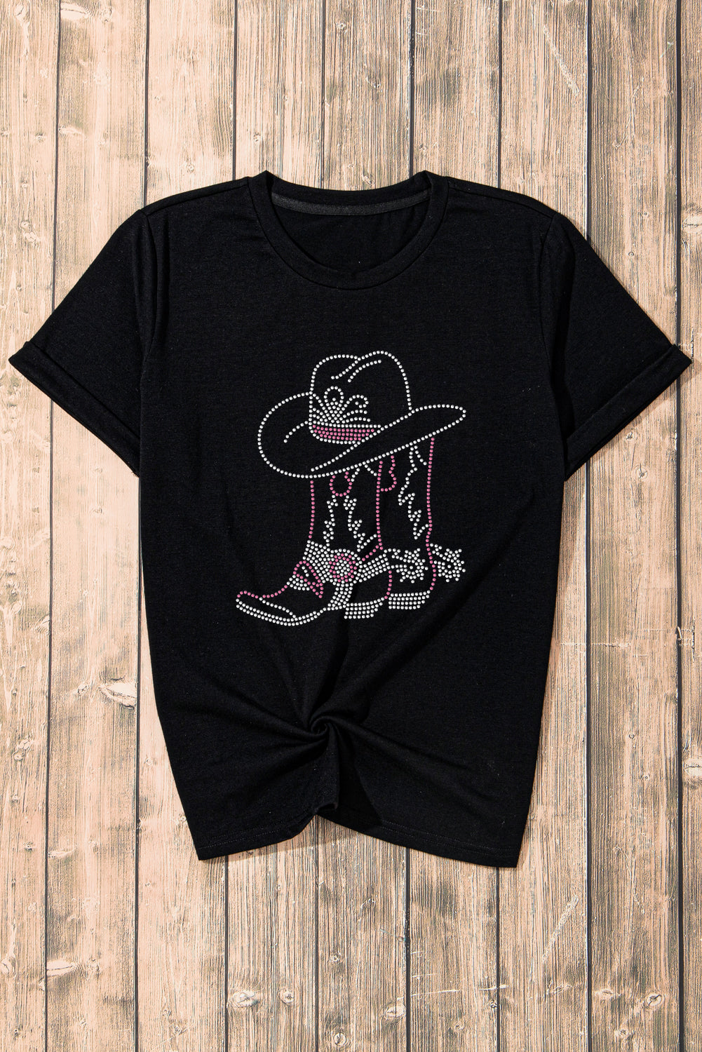 Black Rhinestone Boots Hats Graphic Crew Neck Tee - MAD RUFFI