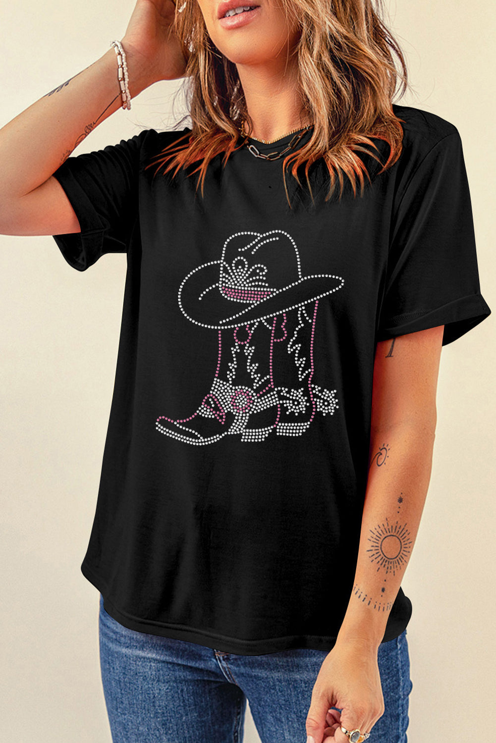 Black Rhinestone Boots Hats Graphic Crew Neck Tee - MAD RUFFI